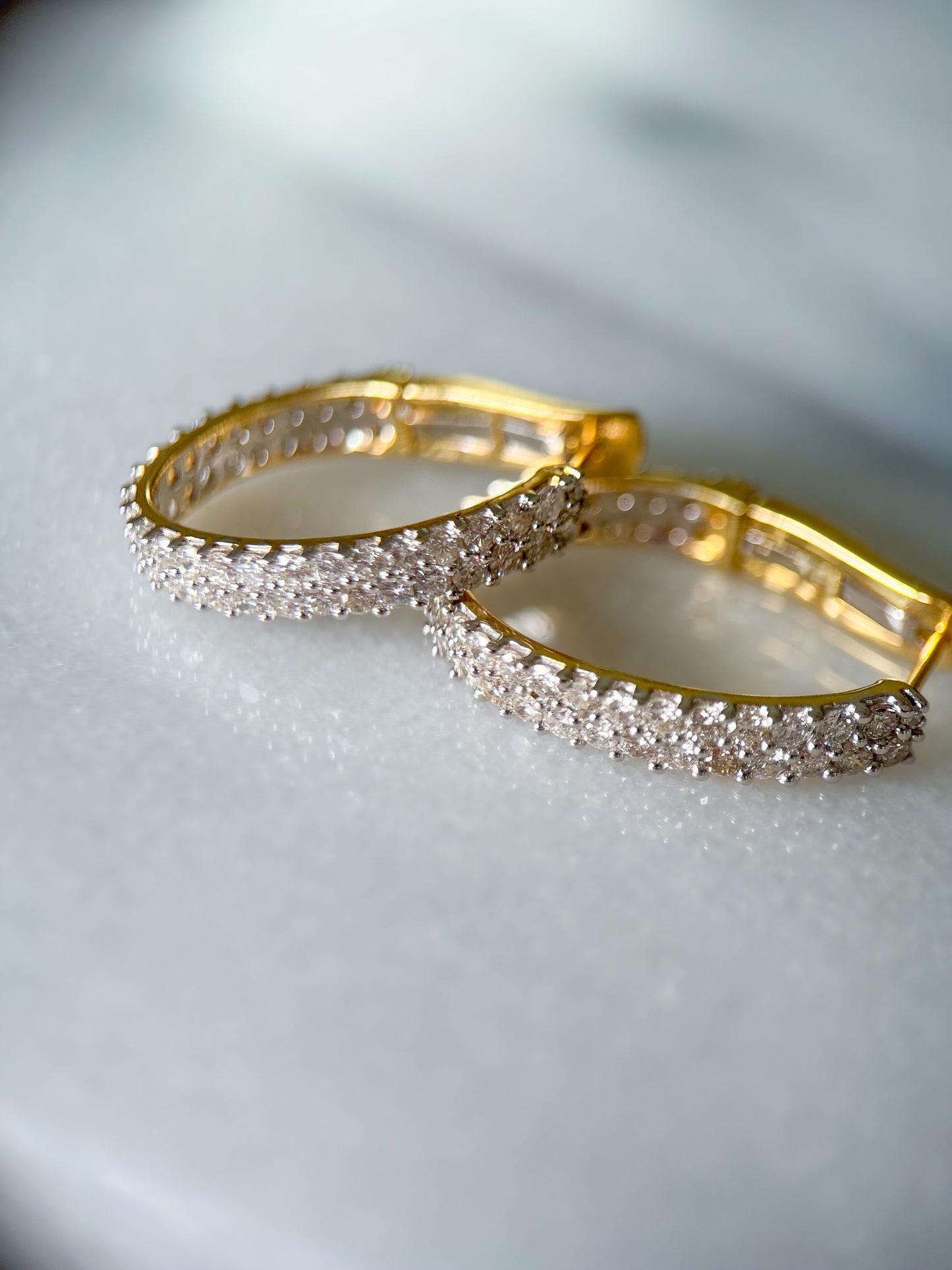 Natural Diamond Two Row Oval Hoop 14k Yellow Gold Earrings