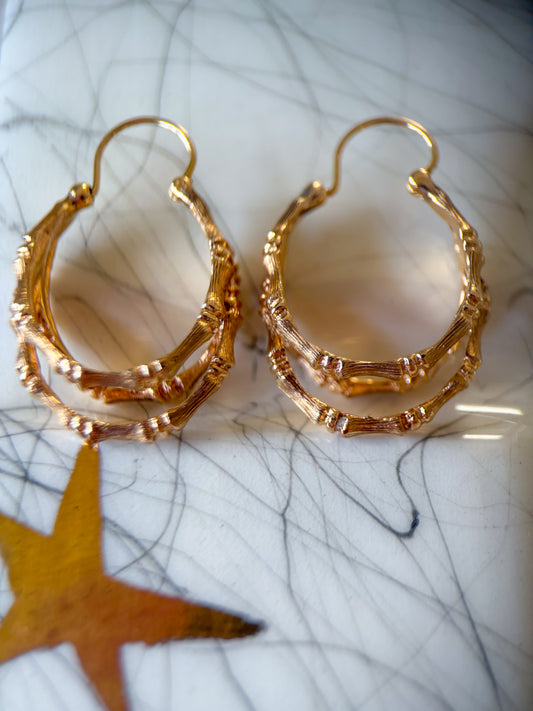 Vintage Three Hoop Bamboo Hoop 14k Yellow Gold Earrings
