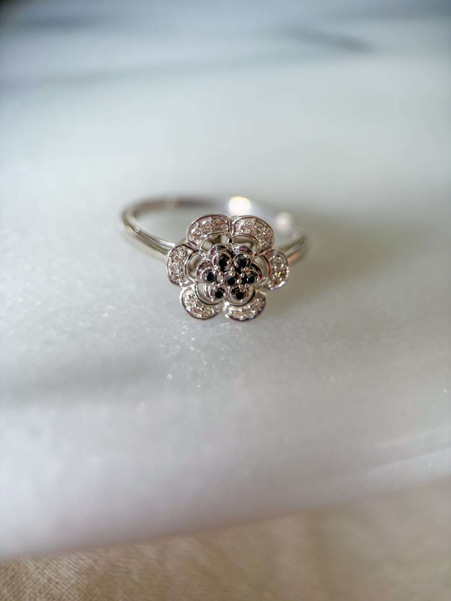Vintage Natural Black Diamond Flower 14k White Gold Ring