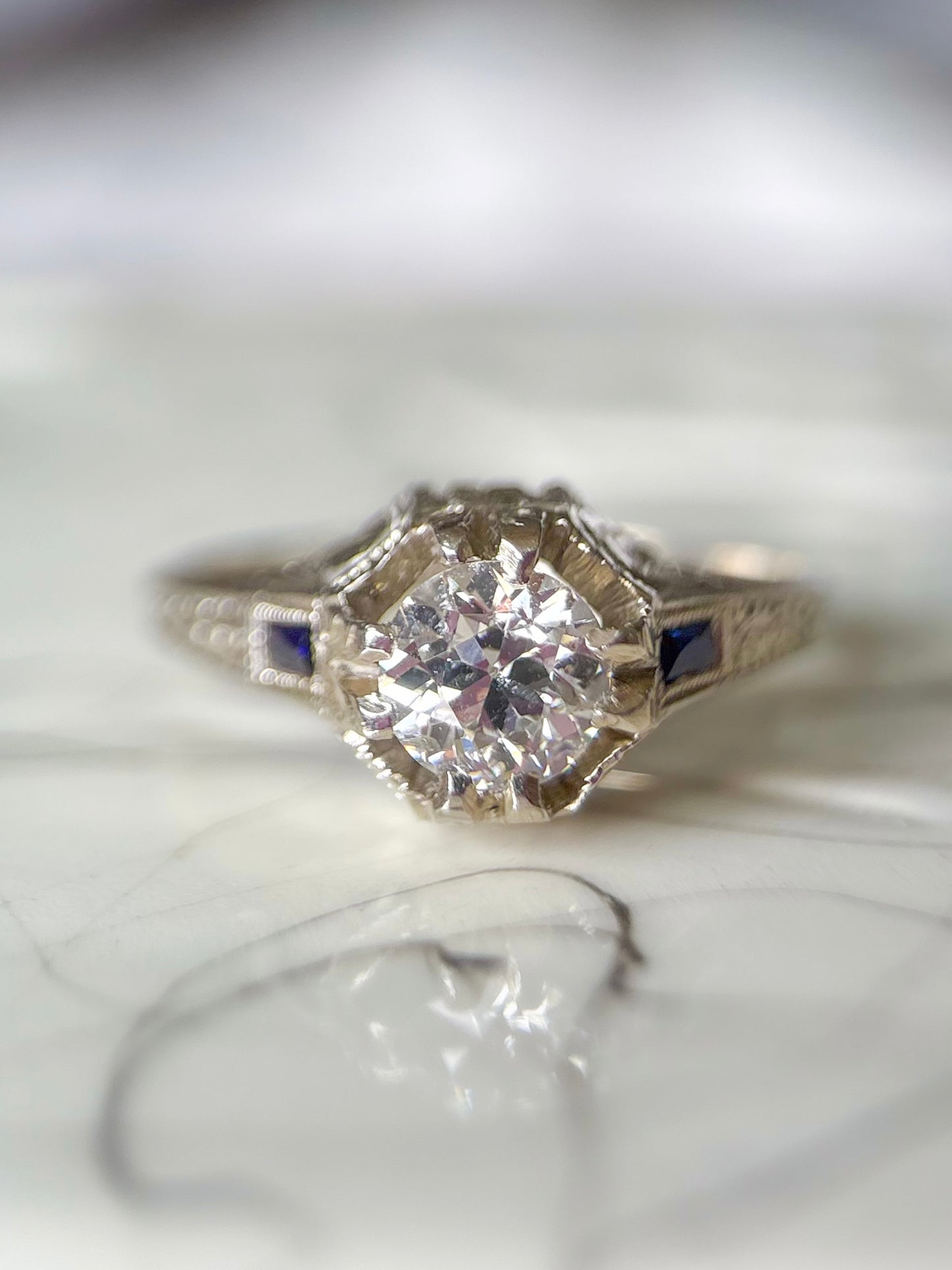 Vintage Natural Old Miner Diamond and Natural Sapphire 18k White Gold Ring