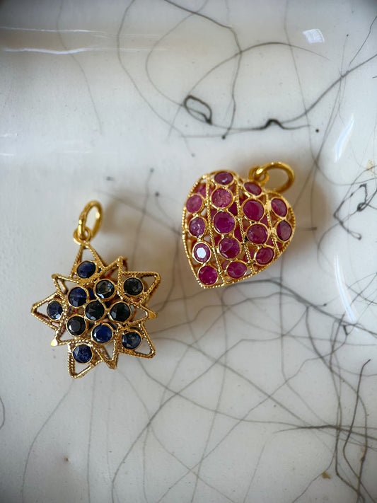 Vintage Natural Sapphire Puffy Star and Vintage Ruby Puffy Heart 18k Yellow Gold Charms, Circa 1990's
