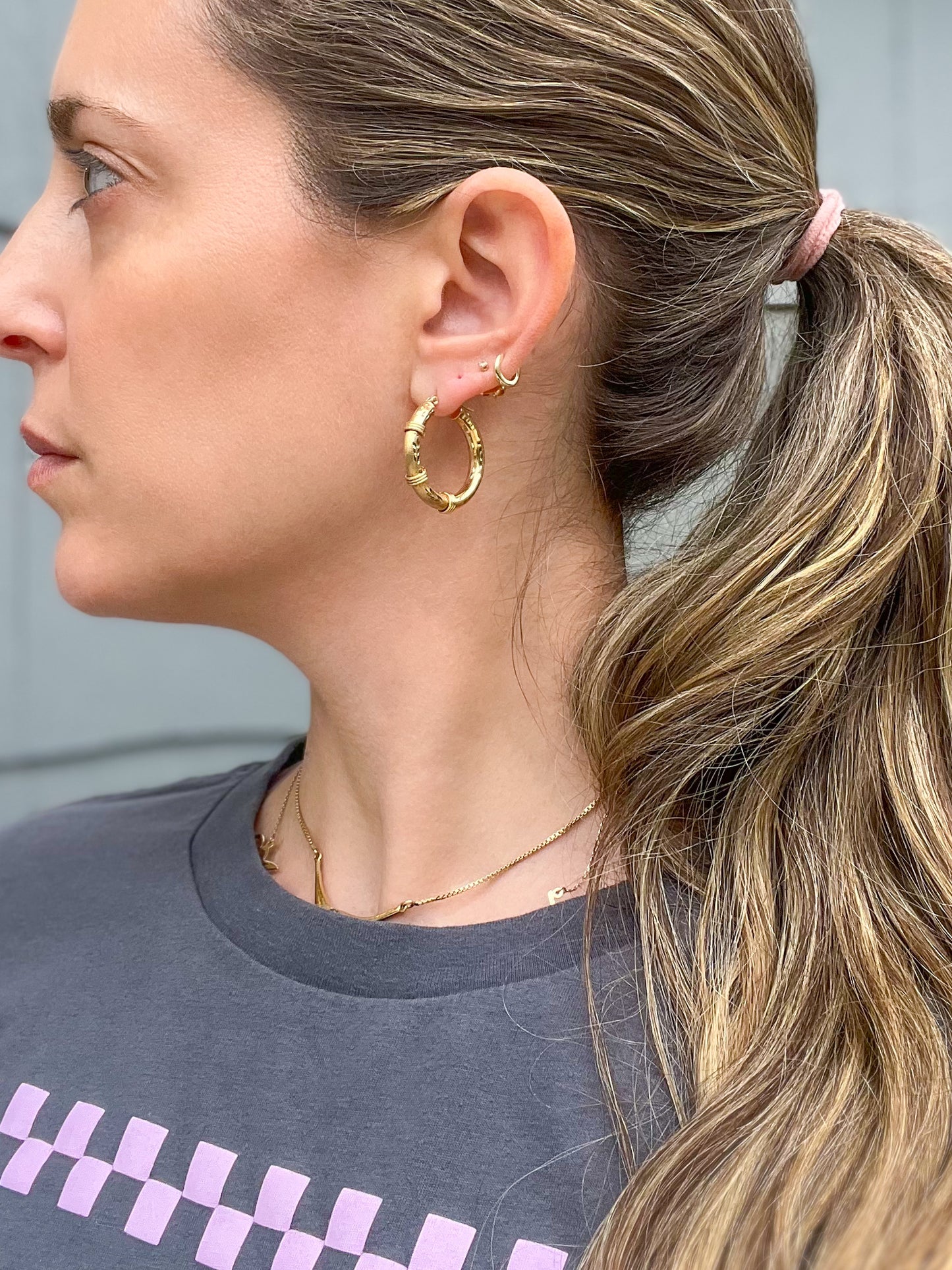 14k Yellow Gold Decorative Tube Hoop Earrings - Two sizes
