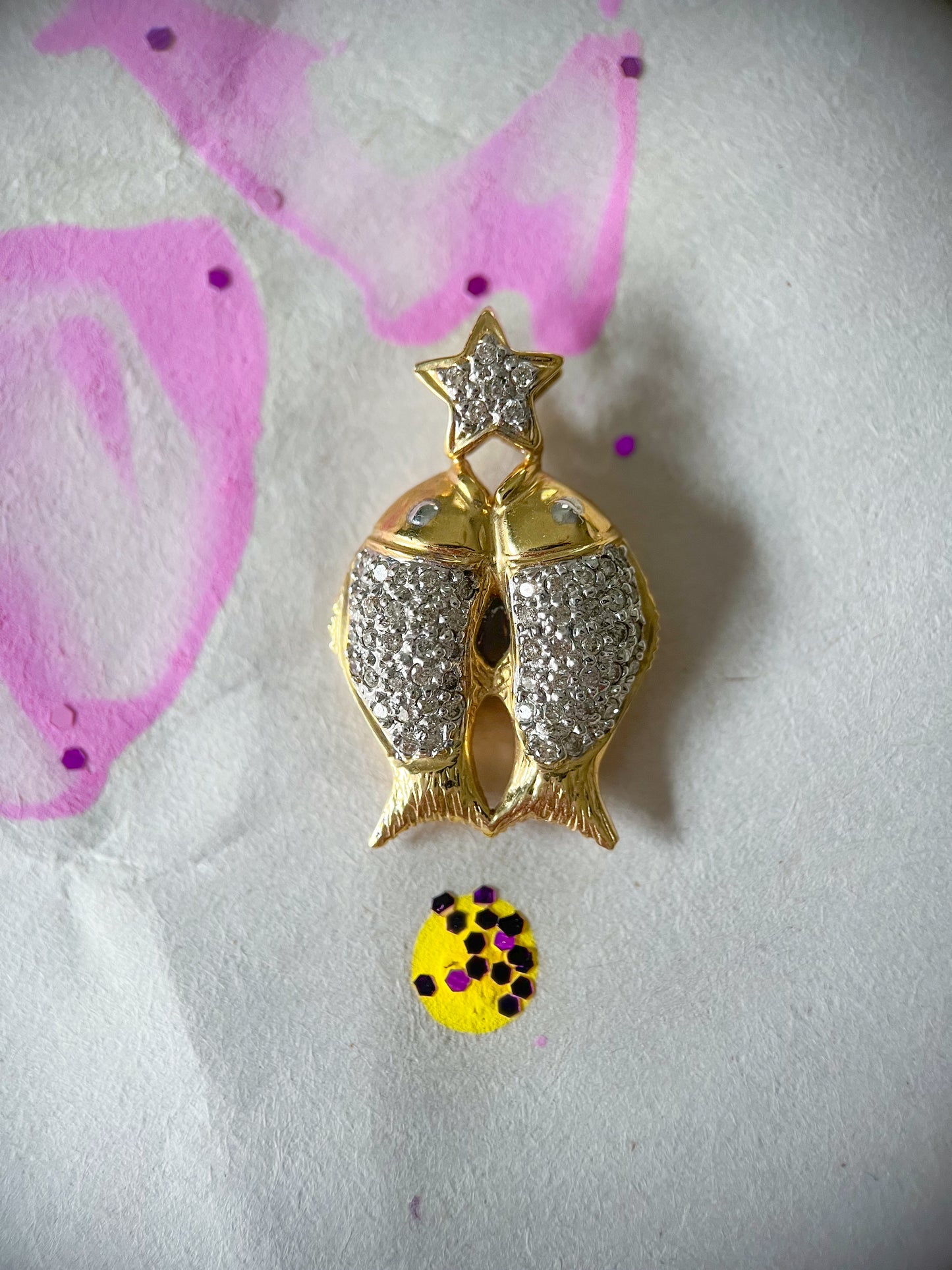 Natural Diamond Puffy Double Fish and Star 14k Yellow Gold Charm