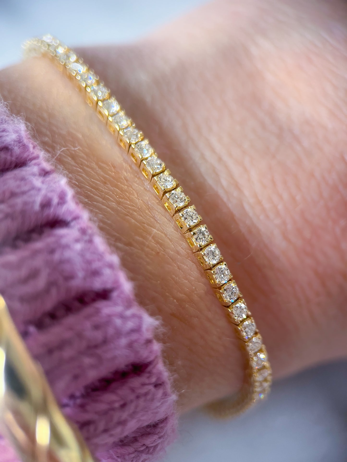 Lab Grown Diamond Tennis Bracelet set in 14k Yellow Gold, 7 Inches - Two Diamond Total Weights