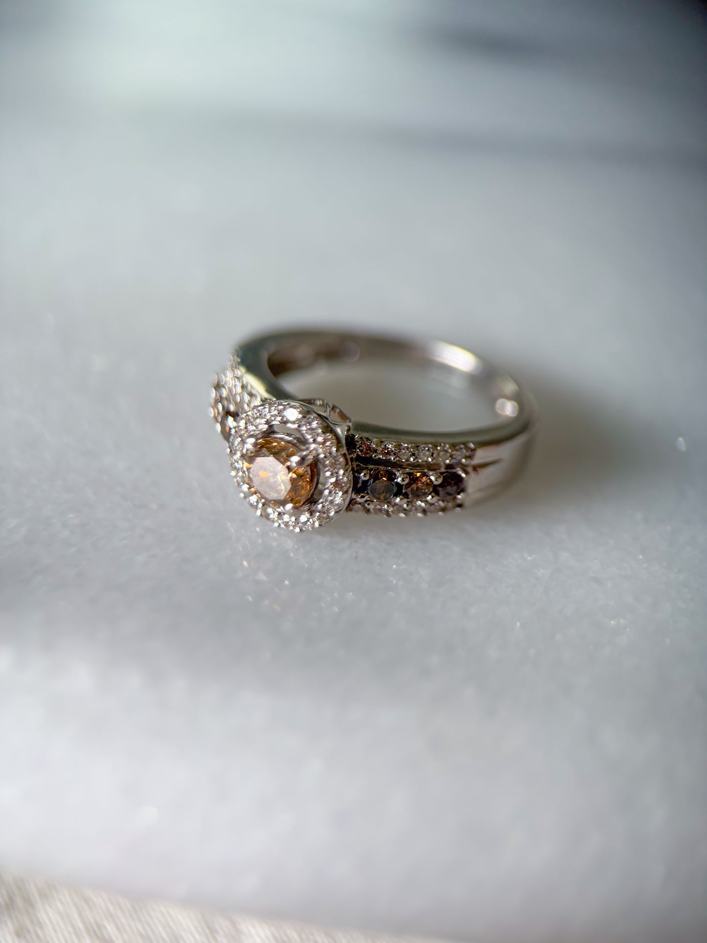 Vintage Natural White and Chocolate Diamonds 14k White Gold Ring