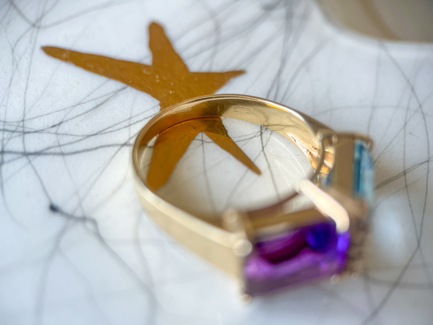 Vintage Natural Amethyst and Topaz Two Stone Ring with Natural Diamonds 14k Yellow Gold, circa 1980s