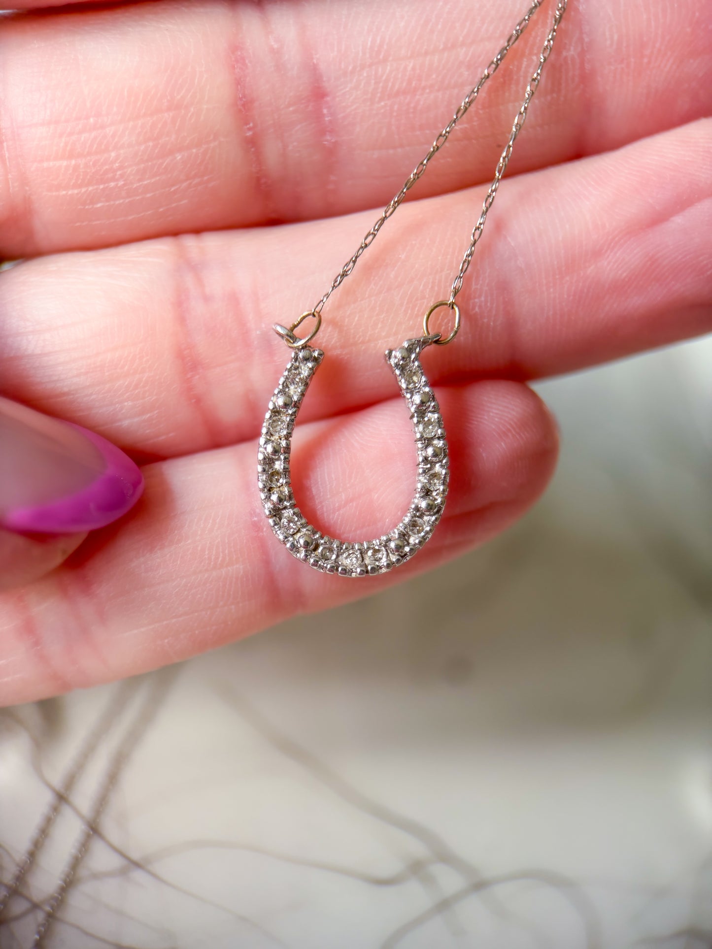 Vintage Natural Diamond Horseshoe Charm 14k White Gold with 20 Inch Chain