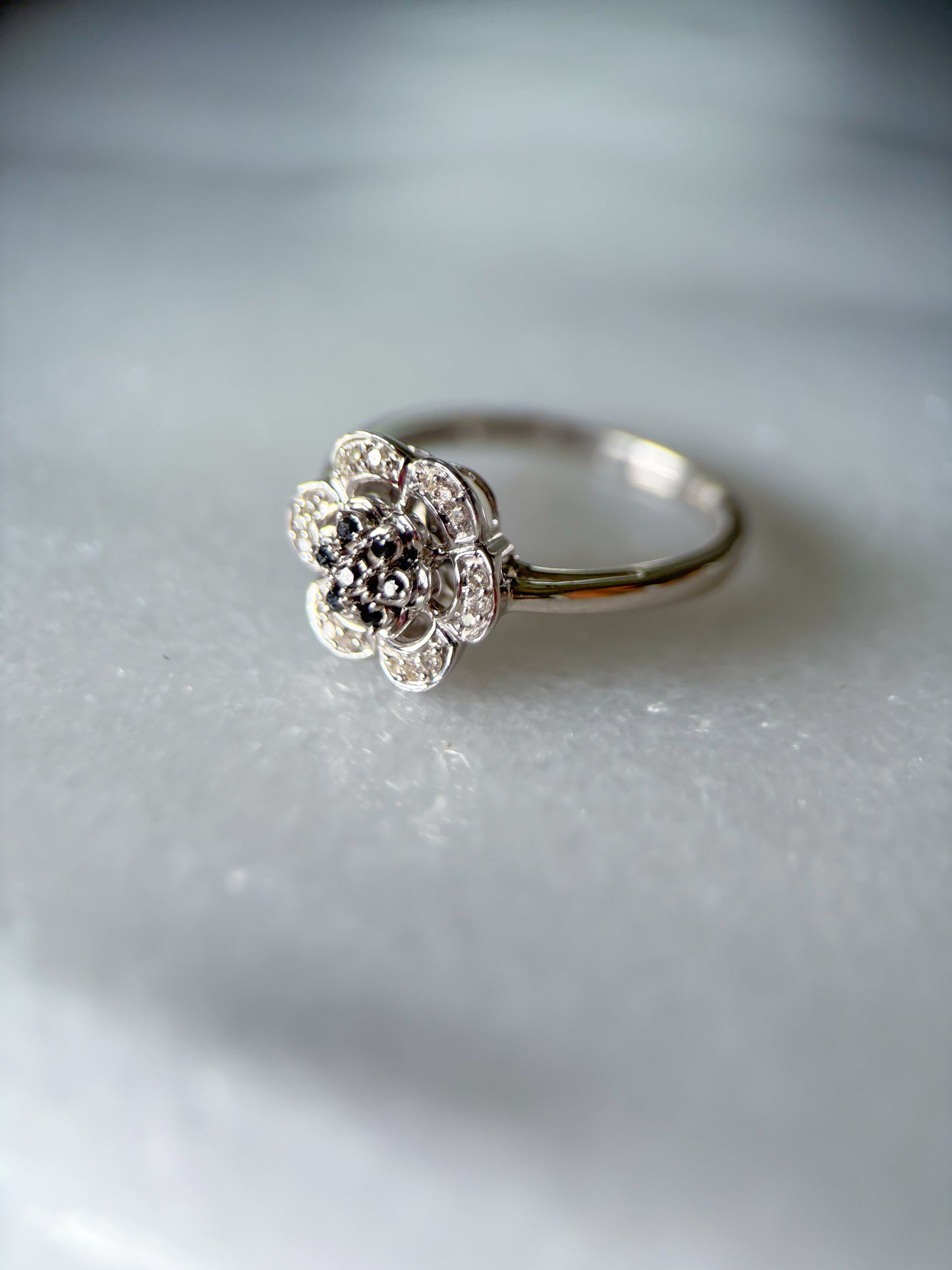 Vintage Natural Black Diamond Flower 14k White Gold Ring