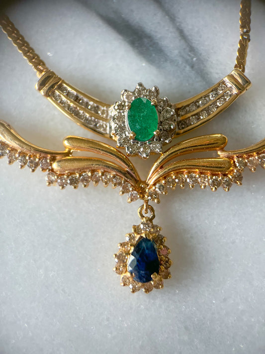 Vintage Natural Diamond, Emerald and Sapphire Pendant 14k Yellow Gold Necklaces