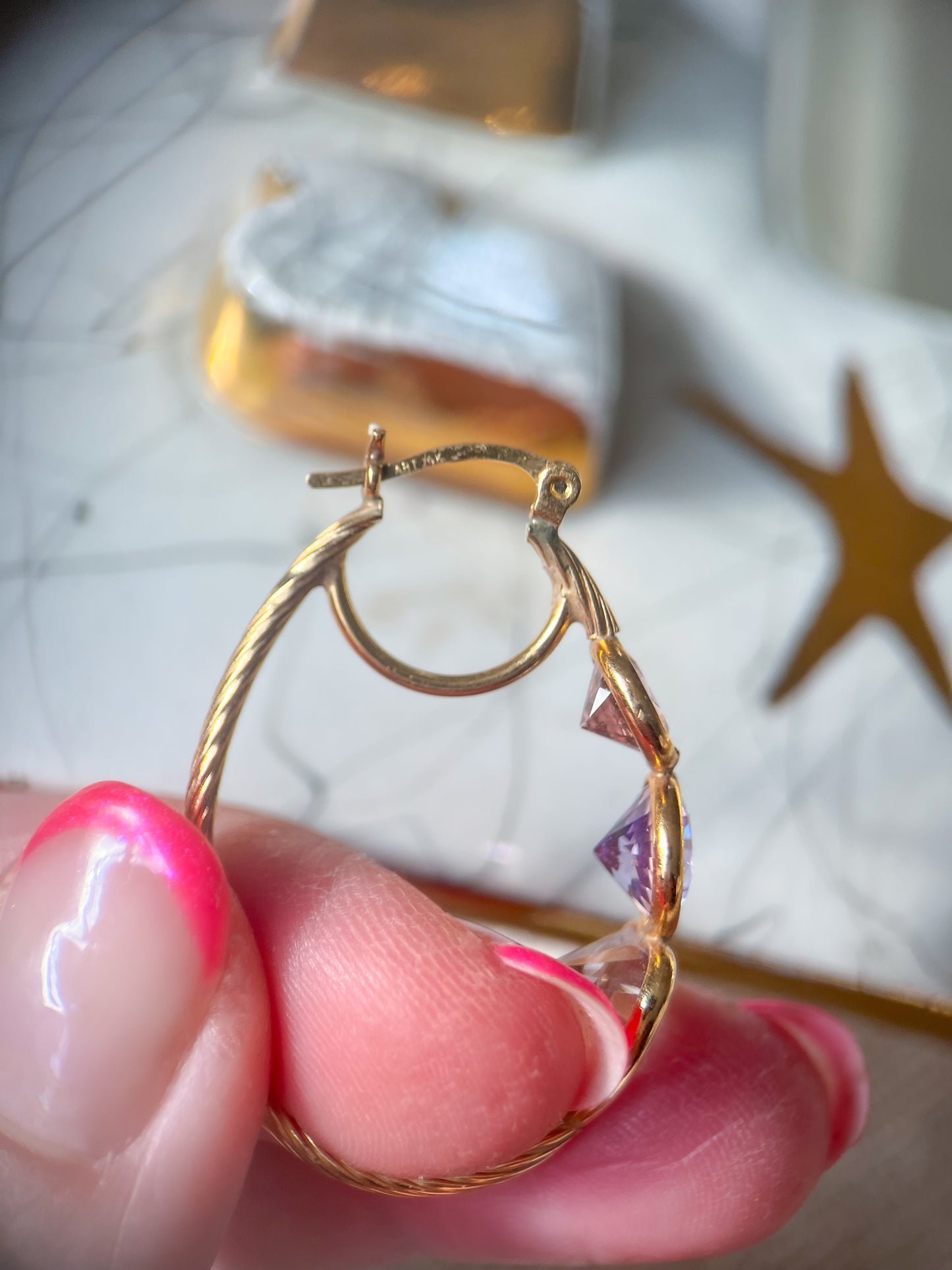 Vintage 3 Stone CZ 14k Yellow Gold Double Hoop Earrings