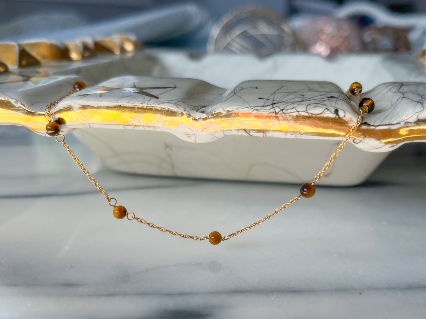 Vintage Tigers Eye Chain 14k Yellow Gold 16 Inch Necklace
