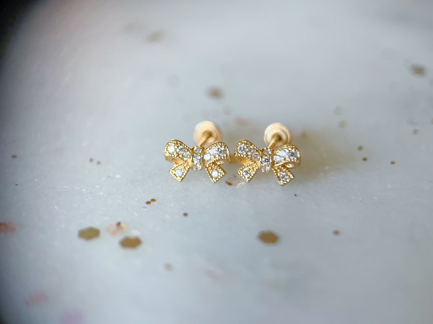 Mini 14k Yellow Gold Ribbons with CZ Stud Earrings