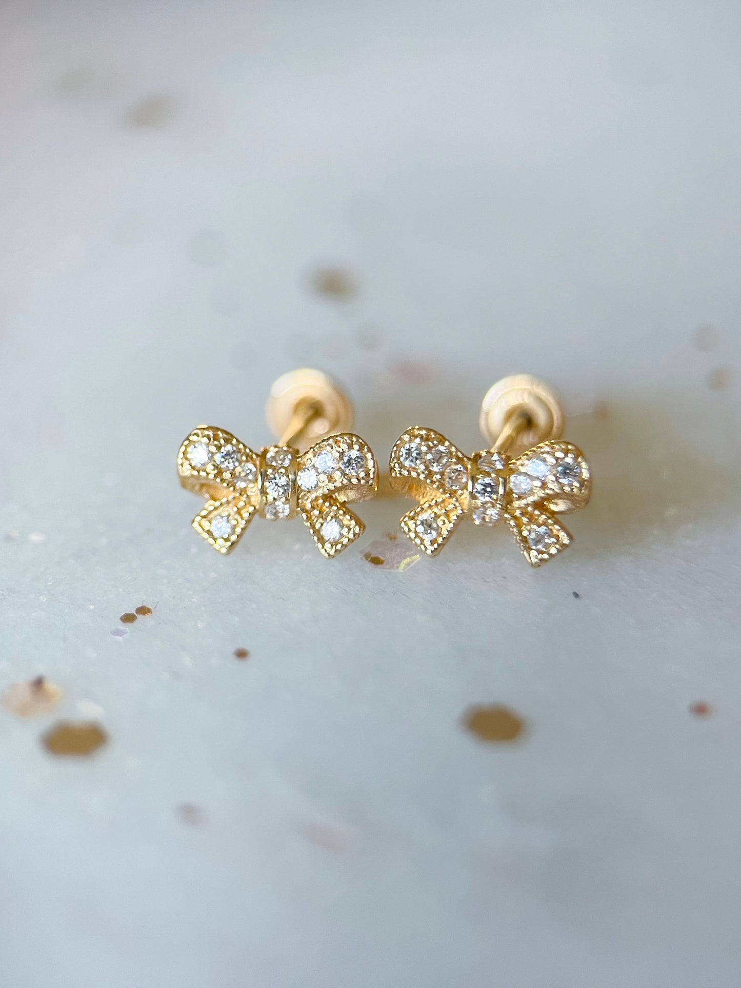 Mini 14k Yellow Gold Ribbons with CZ Stud Earrings