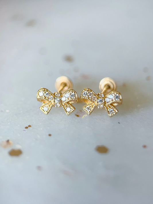 Mini 14k Yellow Gold Ribbons with CZ Stud Earrings