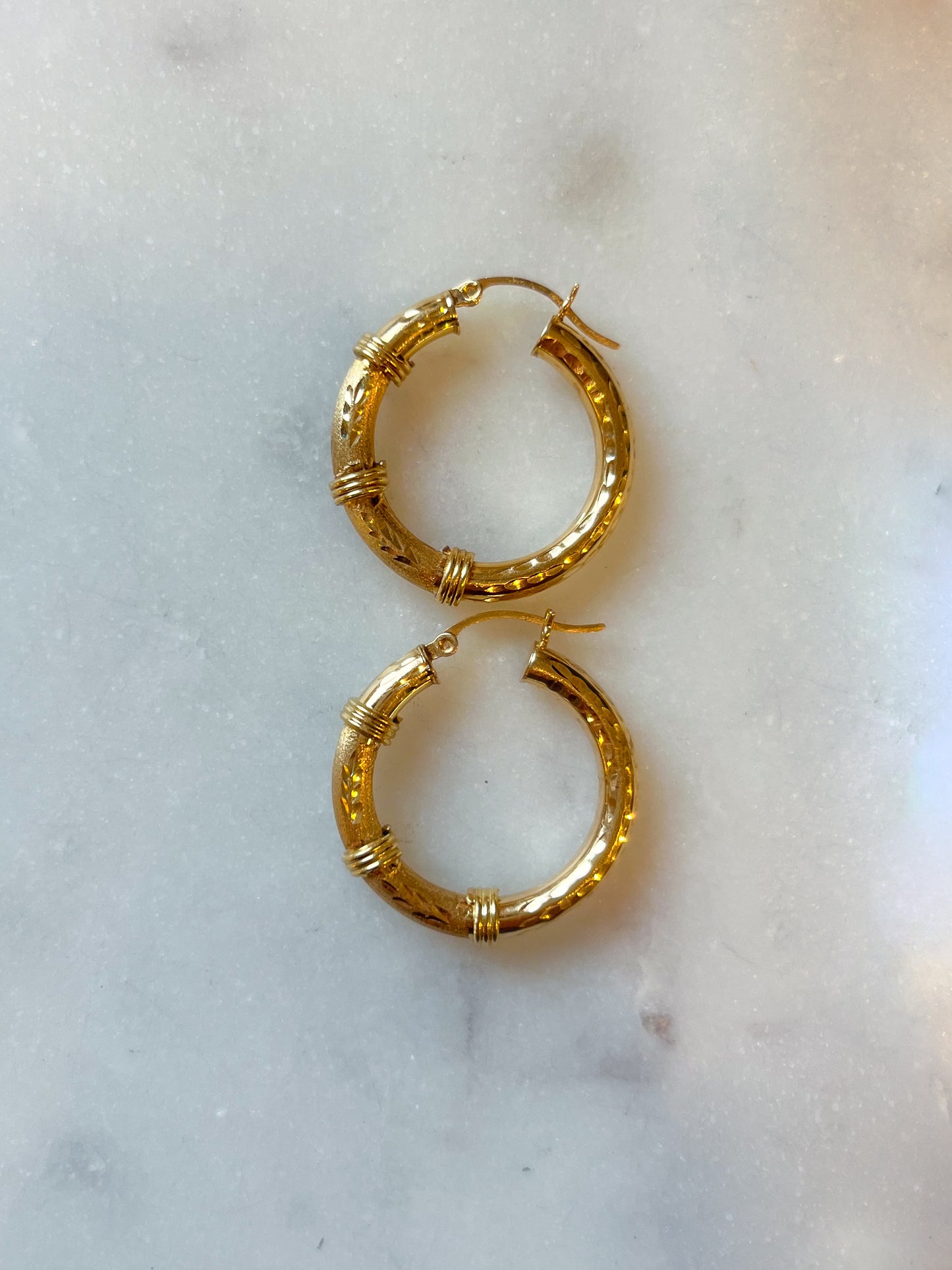 14k Yellow Gold Decorative Tube Hoop Earrings - Two sizes