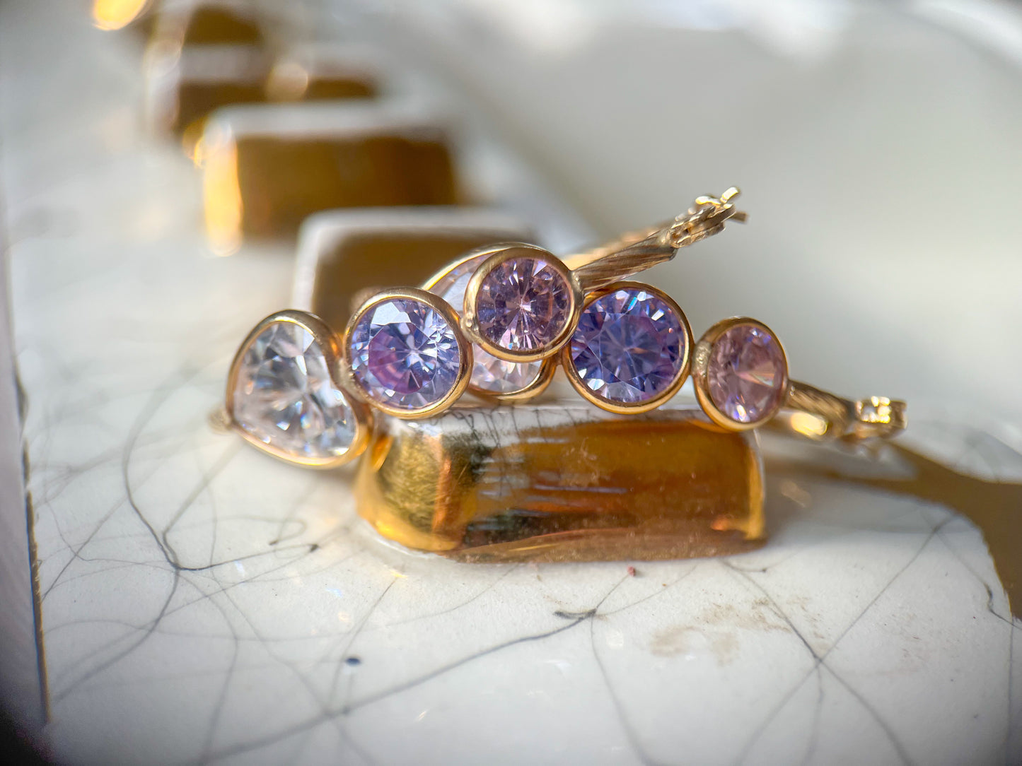 Vintage 3 Stone CZ 14k Yellow Gold Double Hoop Earrings