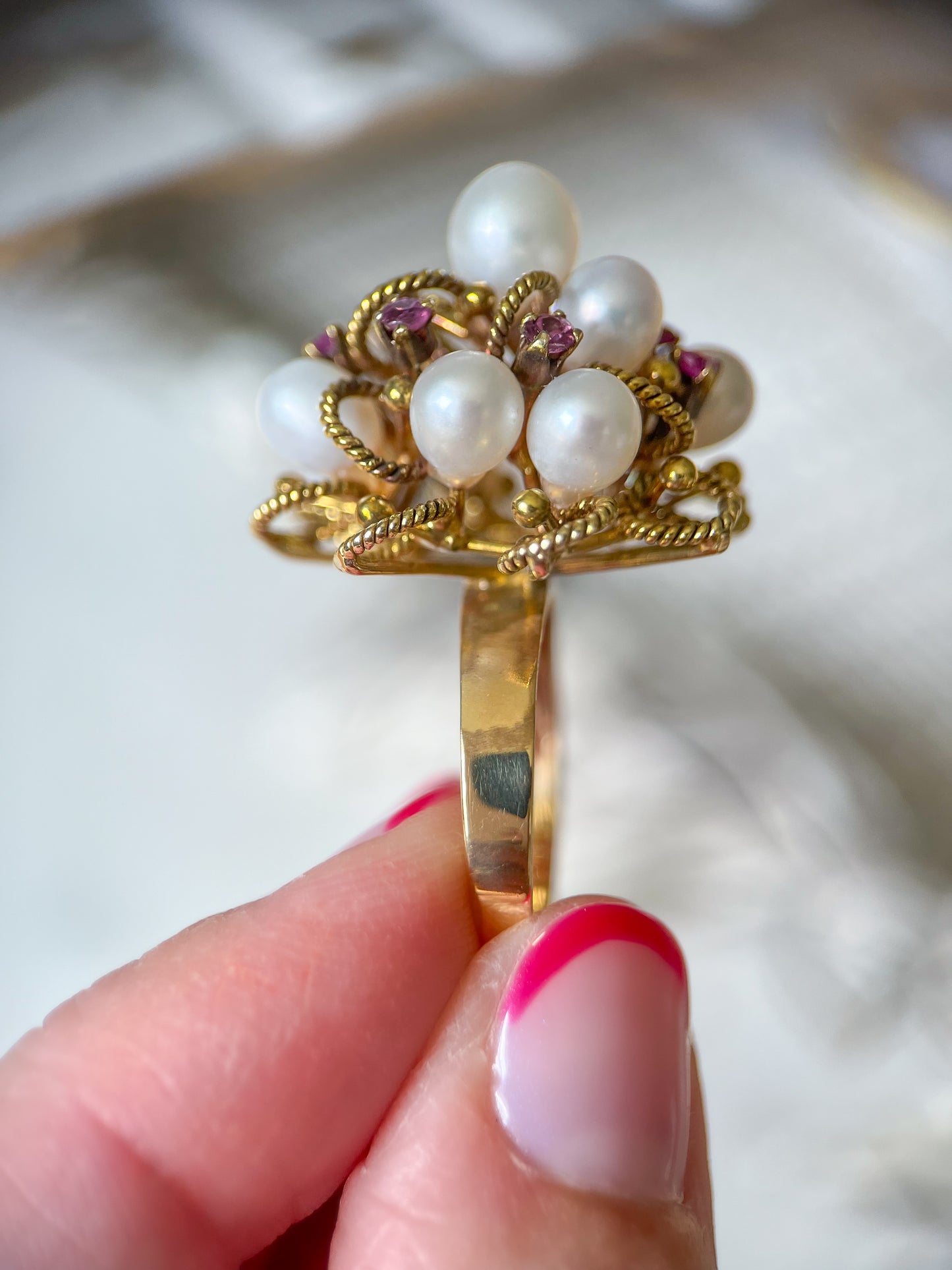 Vintage Cocktail Ring with Pearls and Rubies set in 14k Yellow Gold