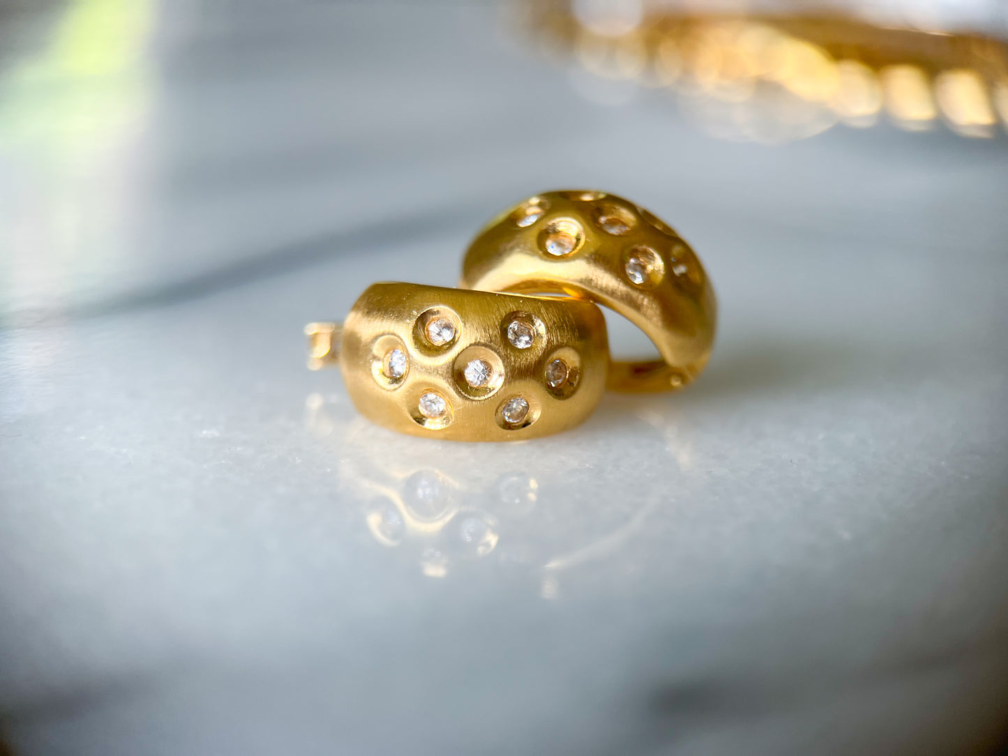 Vintage 14k Yellow Gold Matte Half Hoops with CZ Earrings