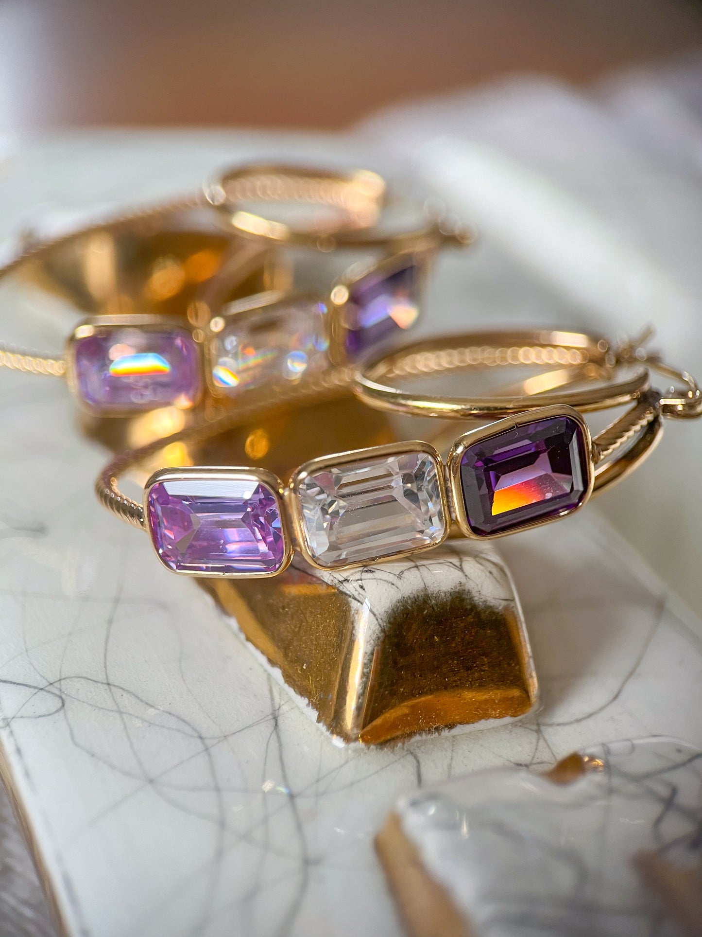 Vintage Amethyst and CZ Three Stone 14k Yellow Gold Hoop Earrings