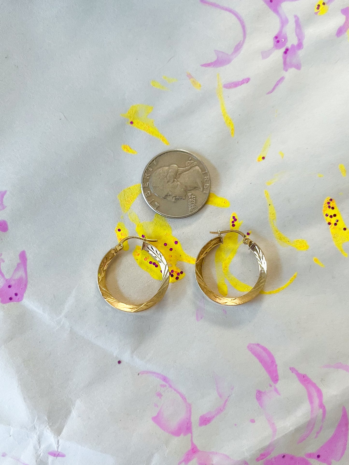 Vintage Faceted Squared Tube Medium 10k Yellow Gold Hoop Earrings