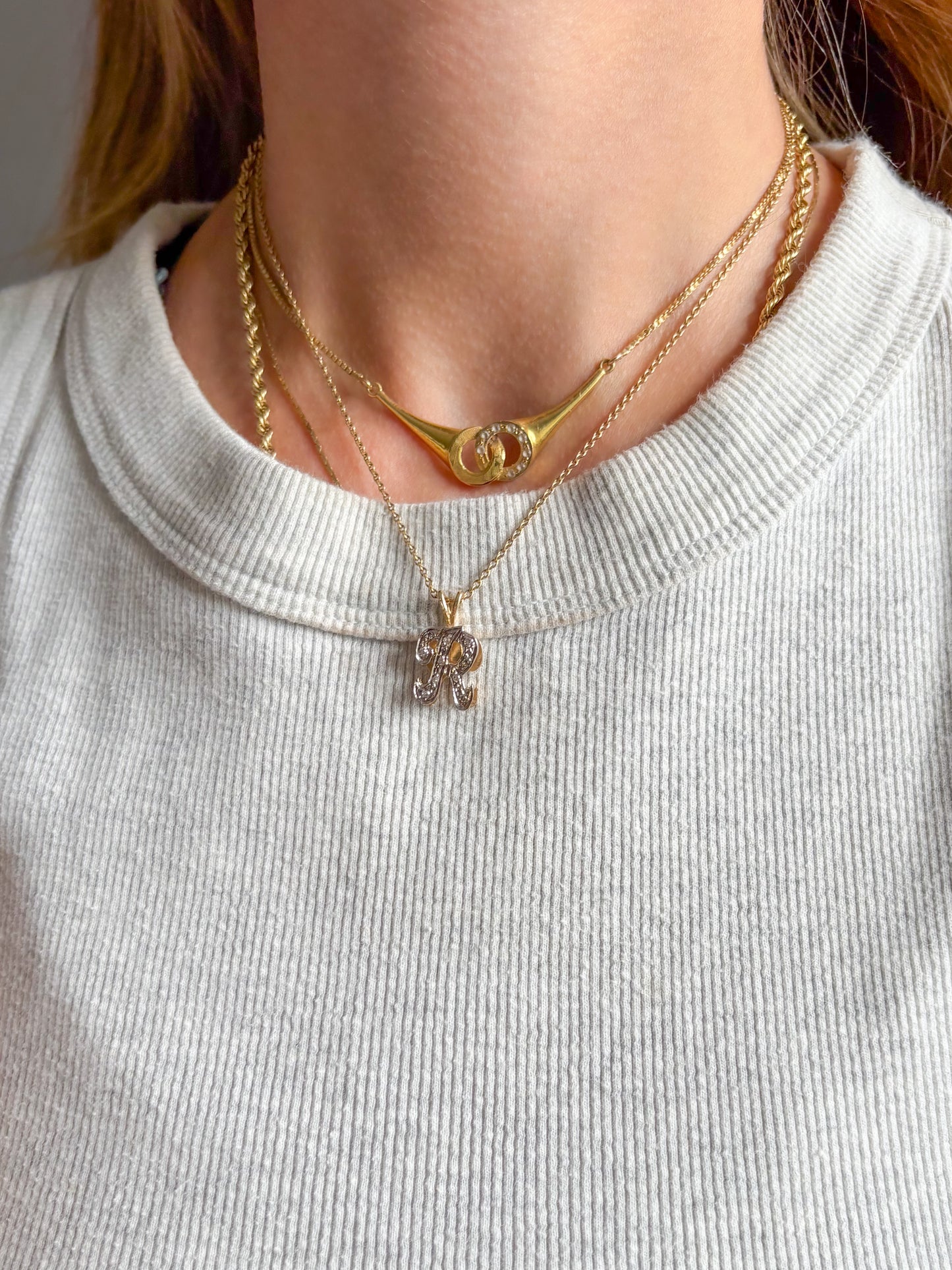 Vintage Natural Diamond Letter "R" 14k Yellow Gold Charm