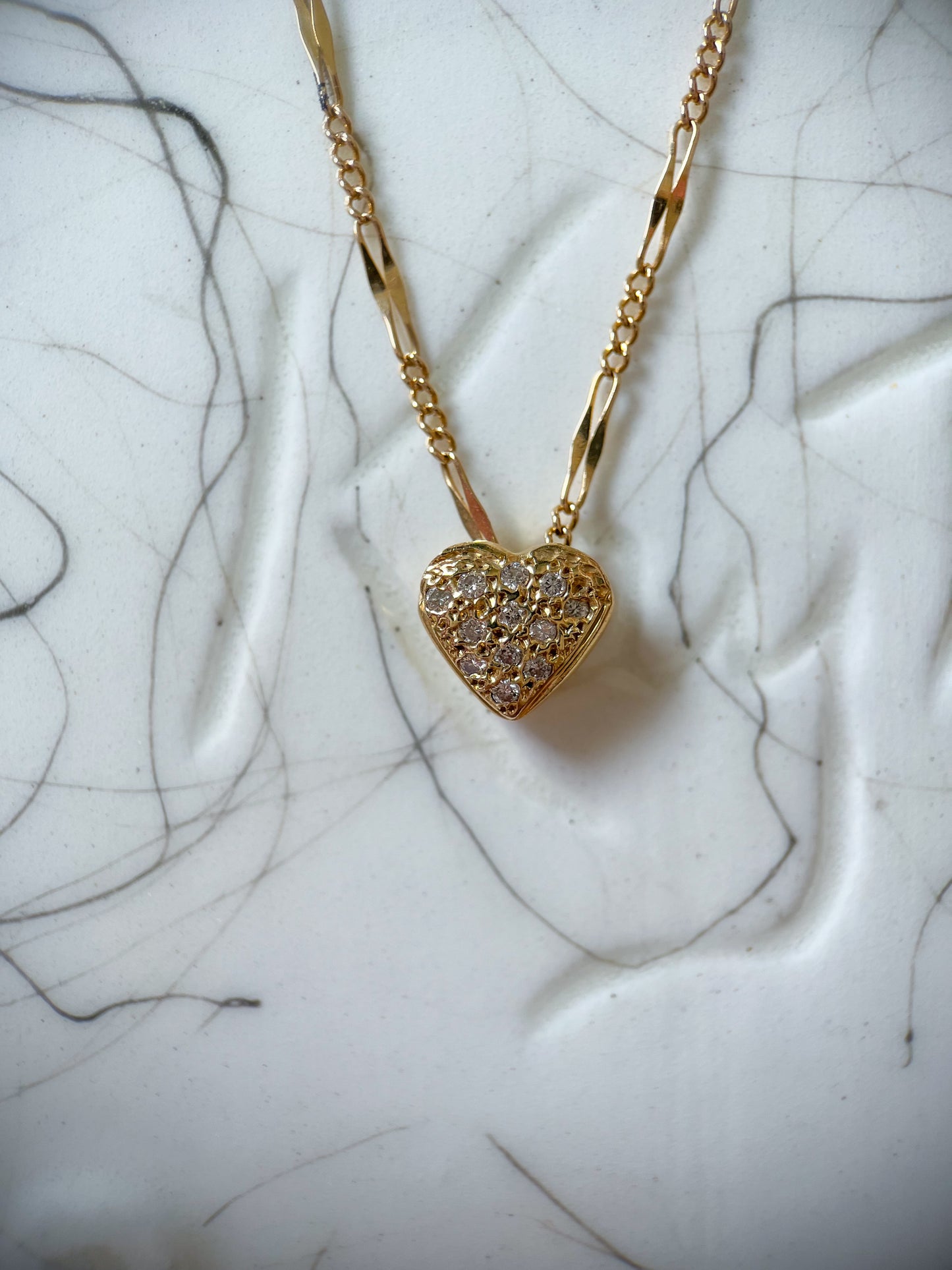 Vintage Heart Natural Diamond 14k Yellow Gold Charm on Chain