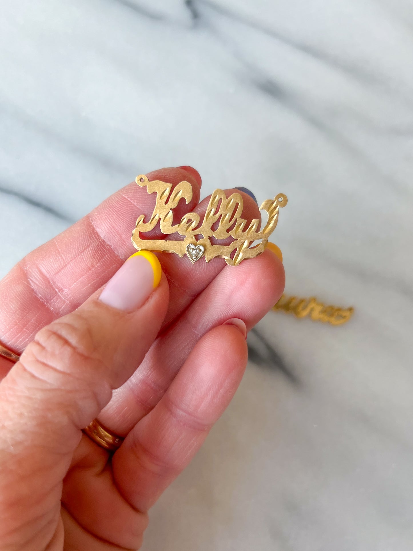 Vintage Name Plates "Kelly" & "Laura" (without chain), 14k Yellow Gold Charms