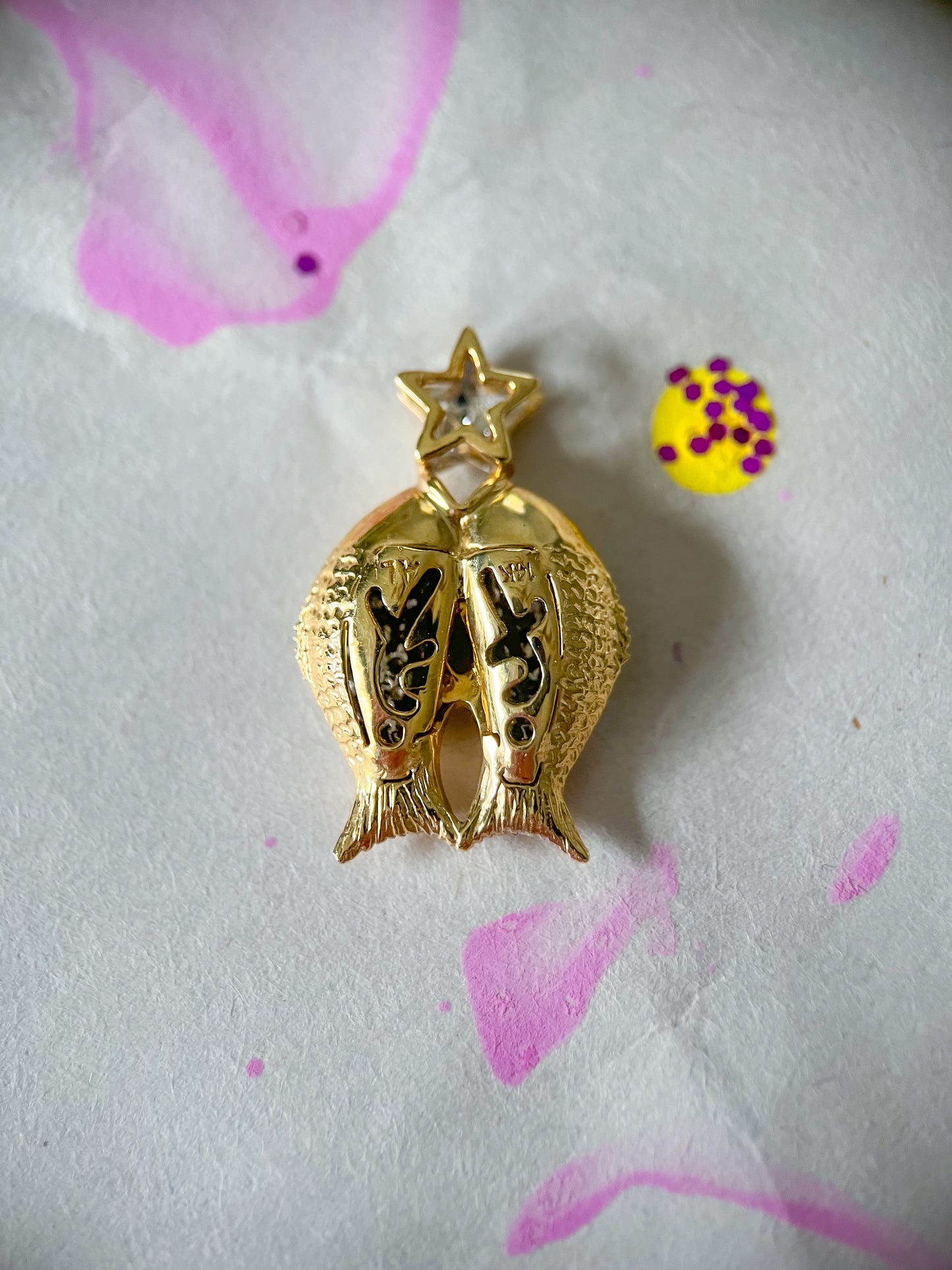 Natural Diamond Puffy Double Fish and Star 14k Yellow Gold Charm