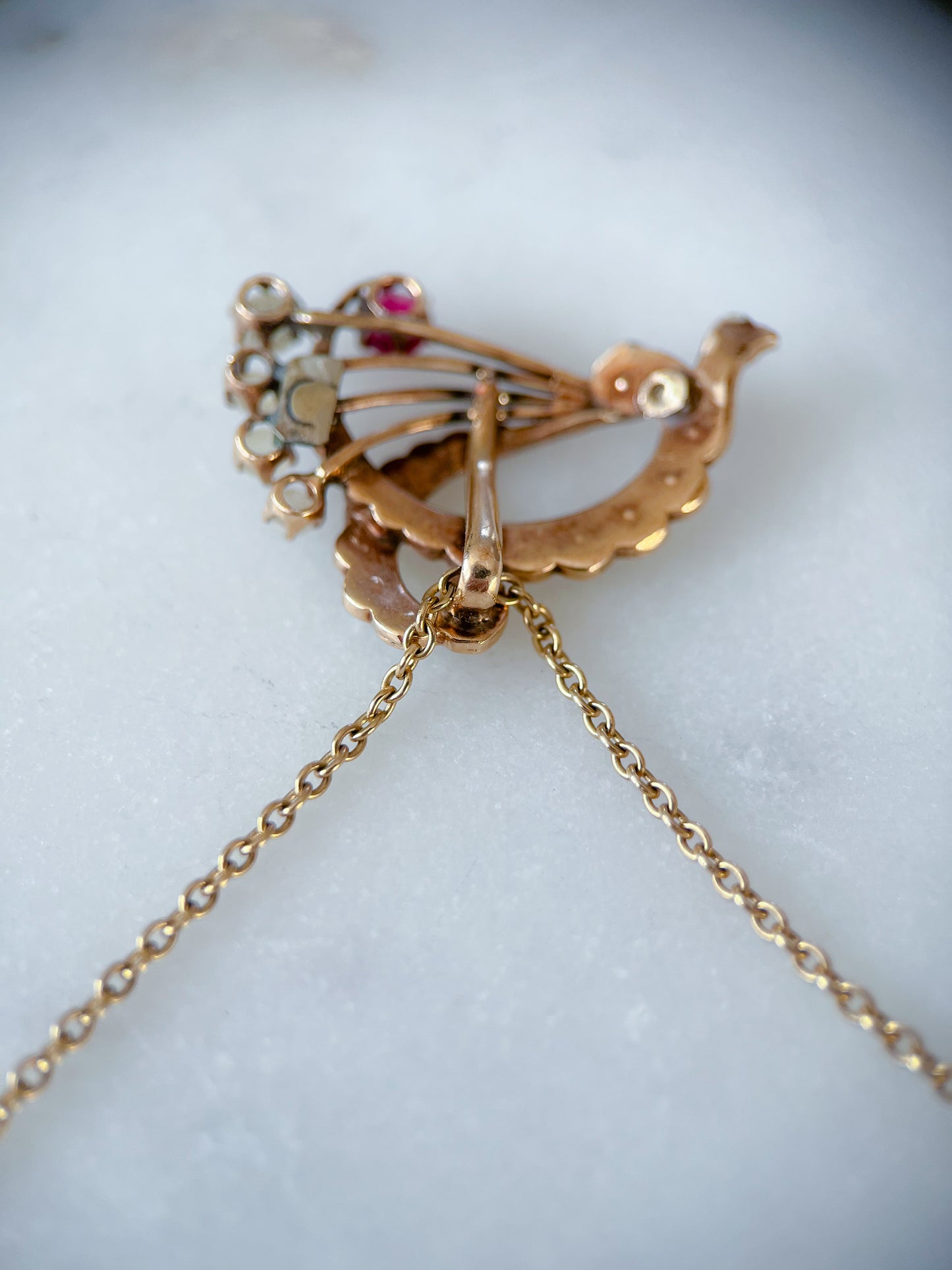 Victorian Era Pearl and Ruby 14k Yellow Gold Brooch Pendant