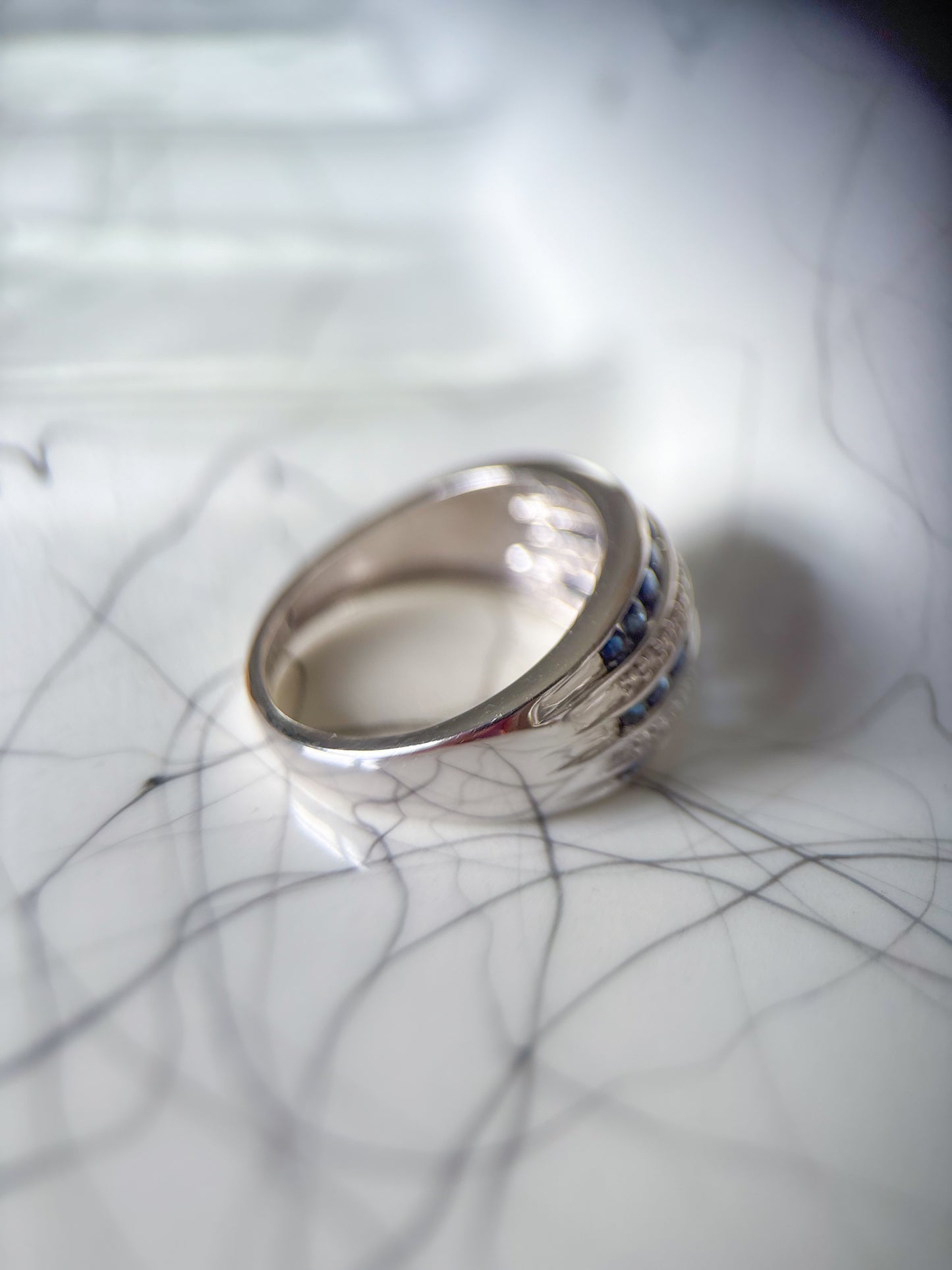 Vintage Chunky Natural Diamond and Natural Sapphire 14k White Gold Ring