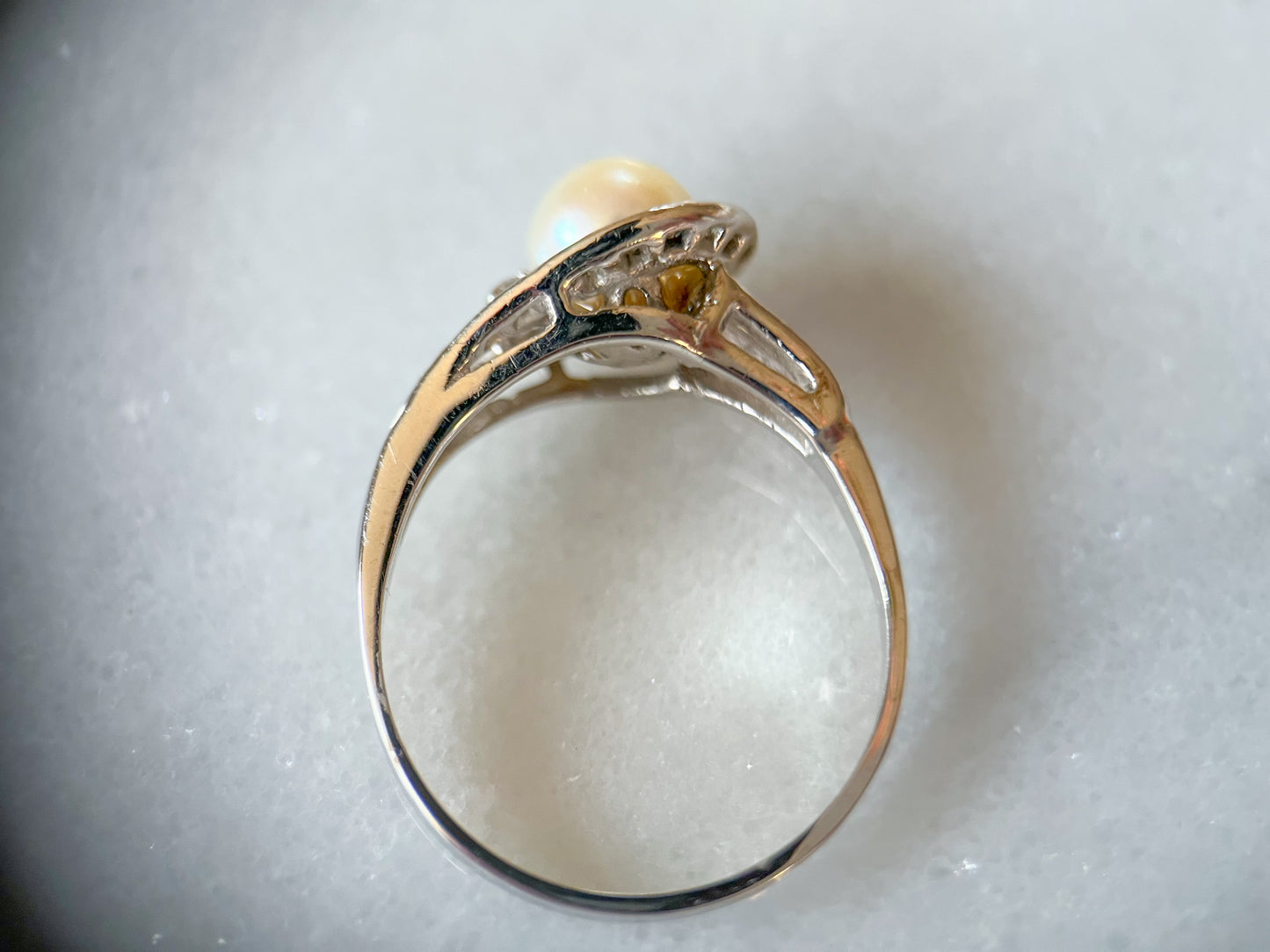 Vintage Natural Pearl and Natural Diamond 14k White Gold Statement Ring