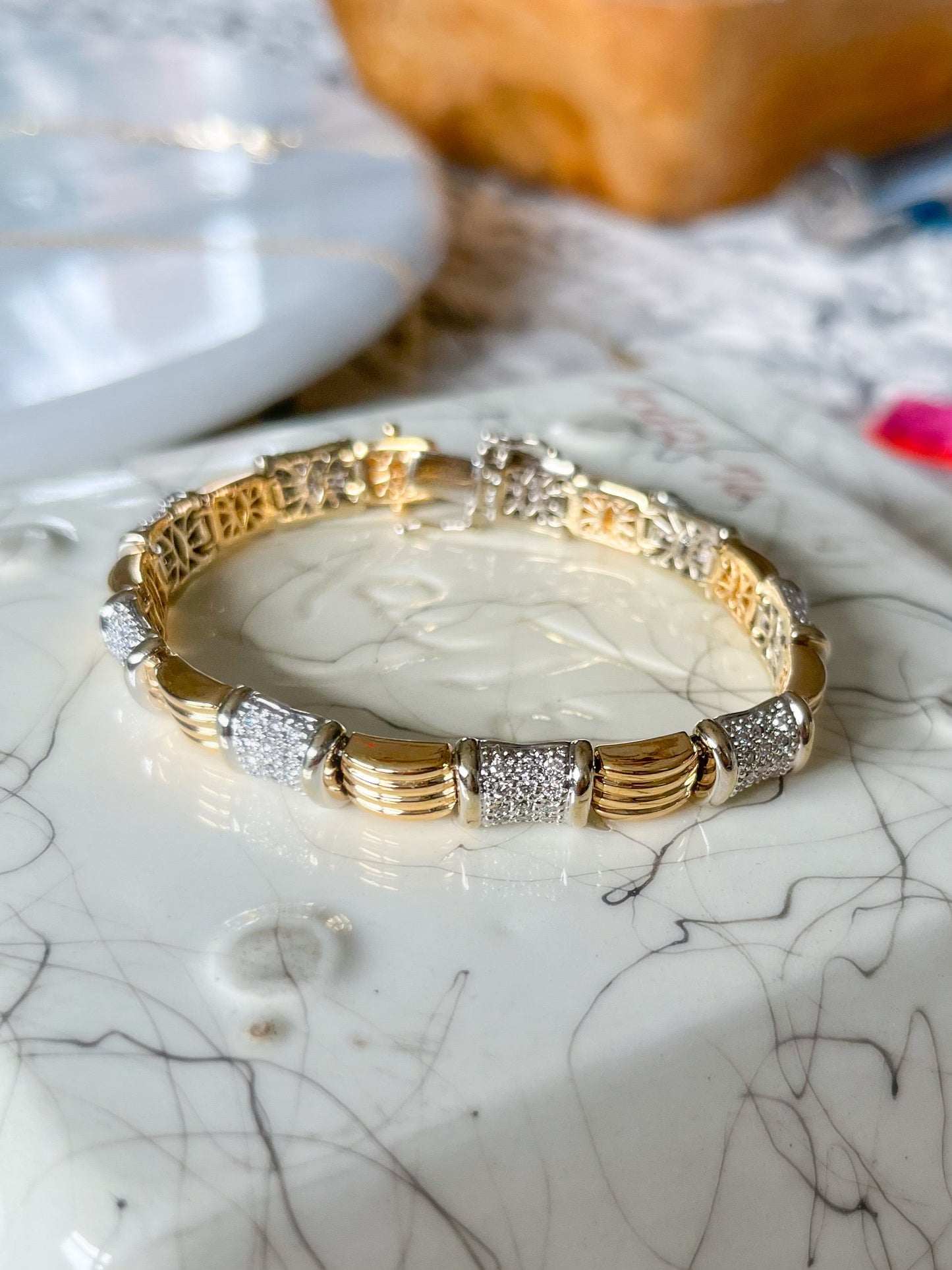 Vintage Natural Diamond 14k White Gold and Yellow Gold Two Toned Heavy 7 Inch Bracelet