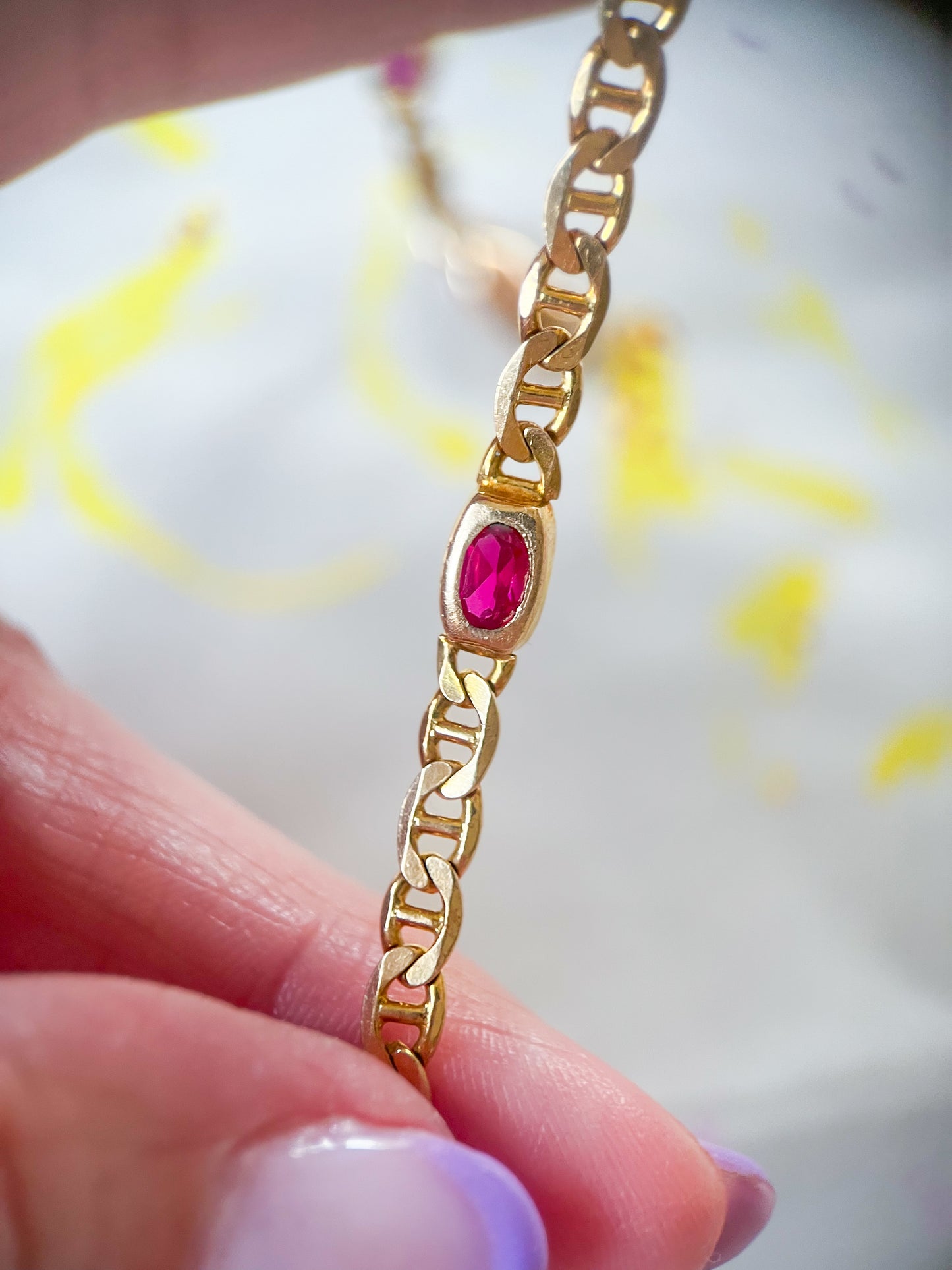 Vintage Multi Gemstone (Synthetic) 14k Yellow Gold Mariner Chain 8 Inch Bracelet