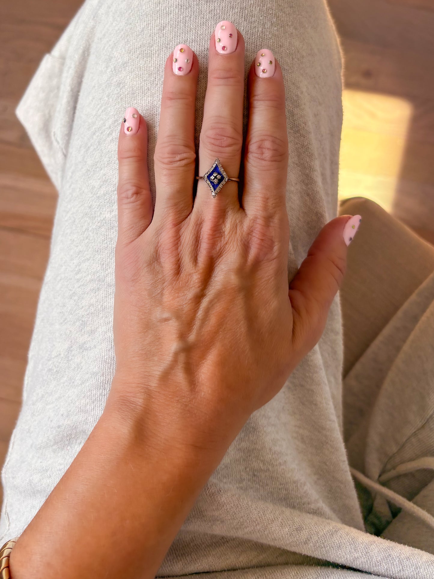 Vintage Enamel and Natural Diamond 10k White Gold Statement Ring