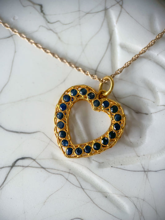 Vintage Natural Sapphire Open Heart 18k Yellow Gold Charm, Circa 1990's