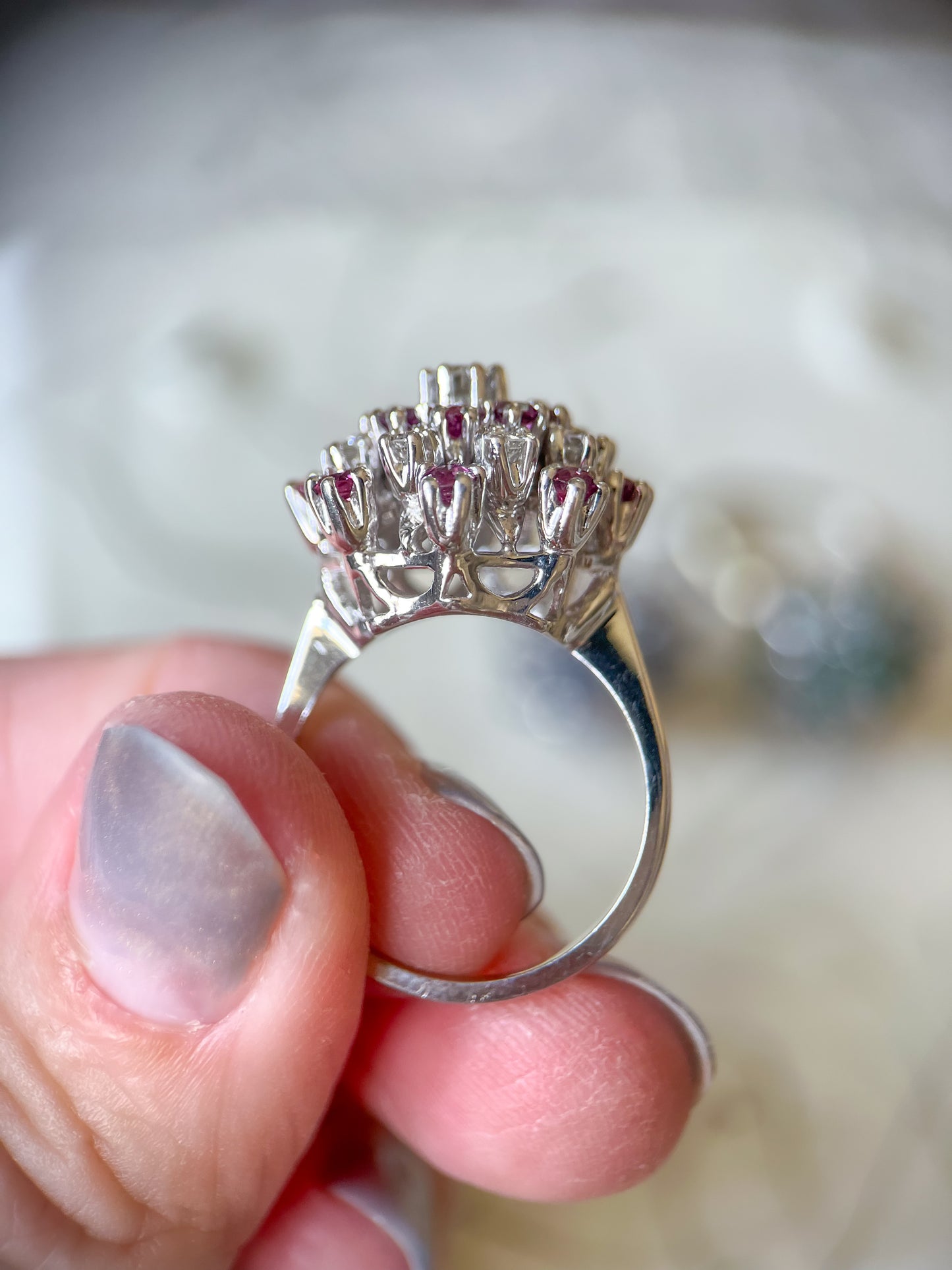 Vintage Natural Ruby and Diamonds 14k White Gold Statement Ring