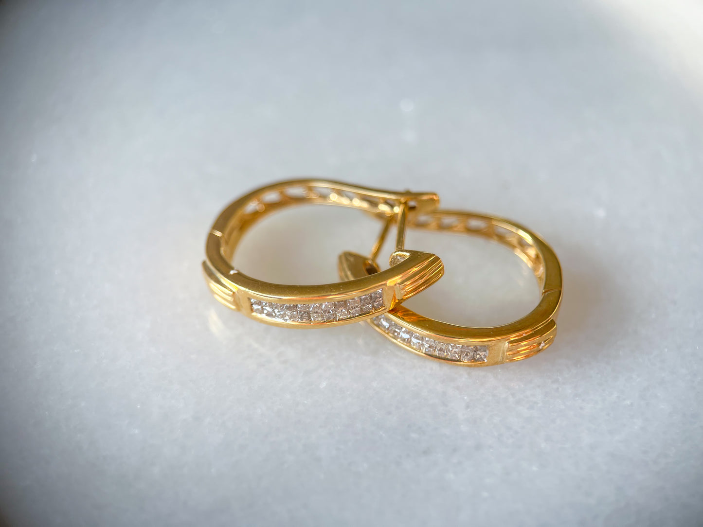 Natural Princess Cut Diamonds 14k Yellow Gold Hoop Earrings with Heart Cut Outs in Back