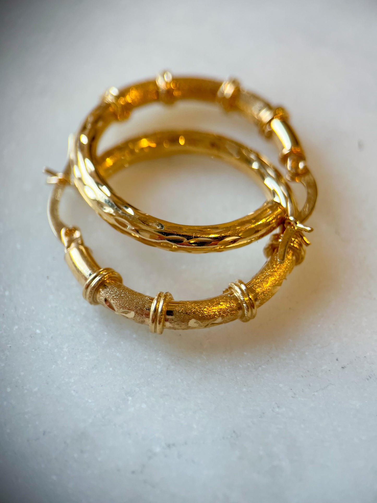 14k Yellow Gold Decorative Tube Hoop Earrings - Two sizes