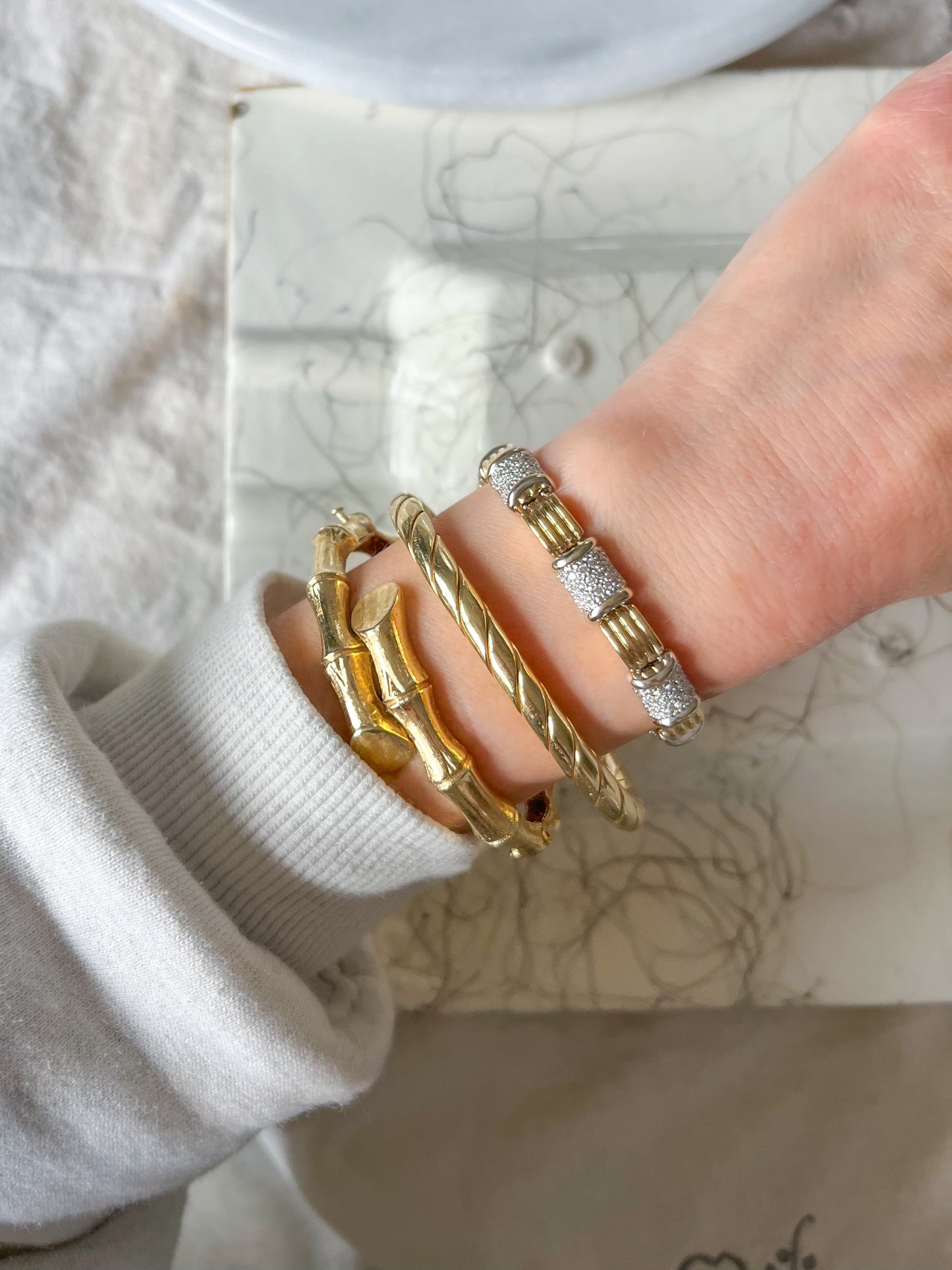 Vintage Natural Diamond 14k White Gold and Yellow Gold Two Toned Heavy 7 Inch Bracelet