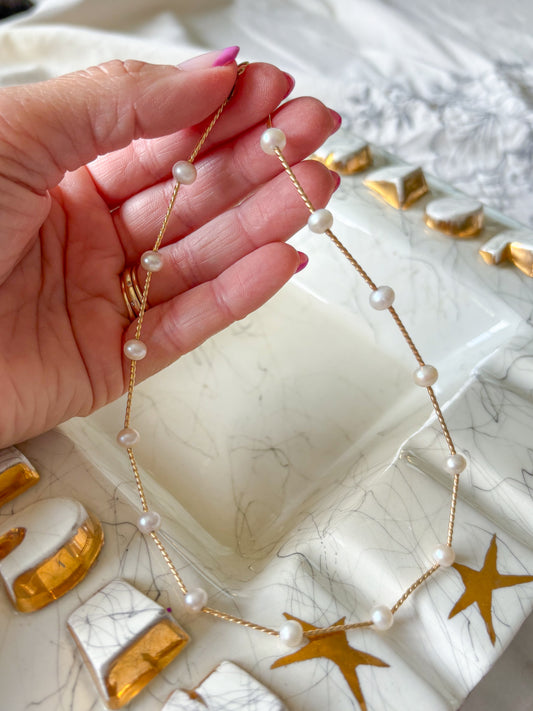 Vintage Natural Pearl 14k Yellow Gold 15.5 Inch Bar Chain Necklace