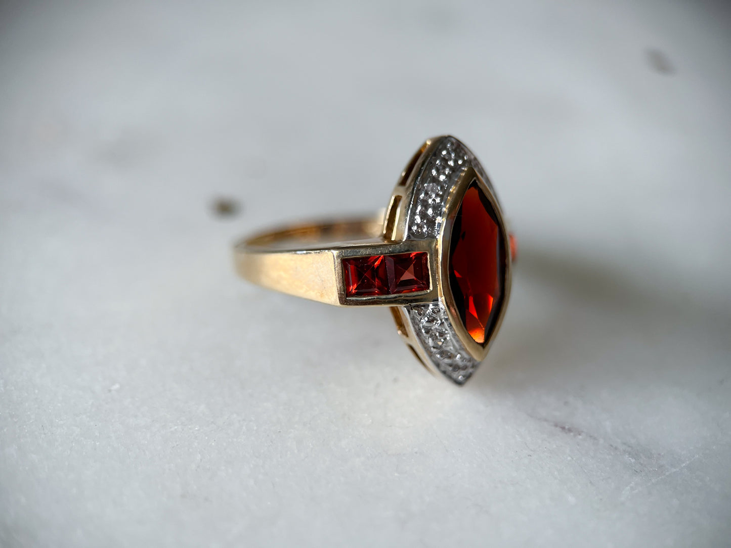 Vintage Natural Marquise Garnet and Diamond 10k Yellow Gold Ring