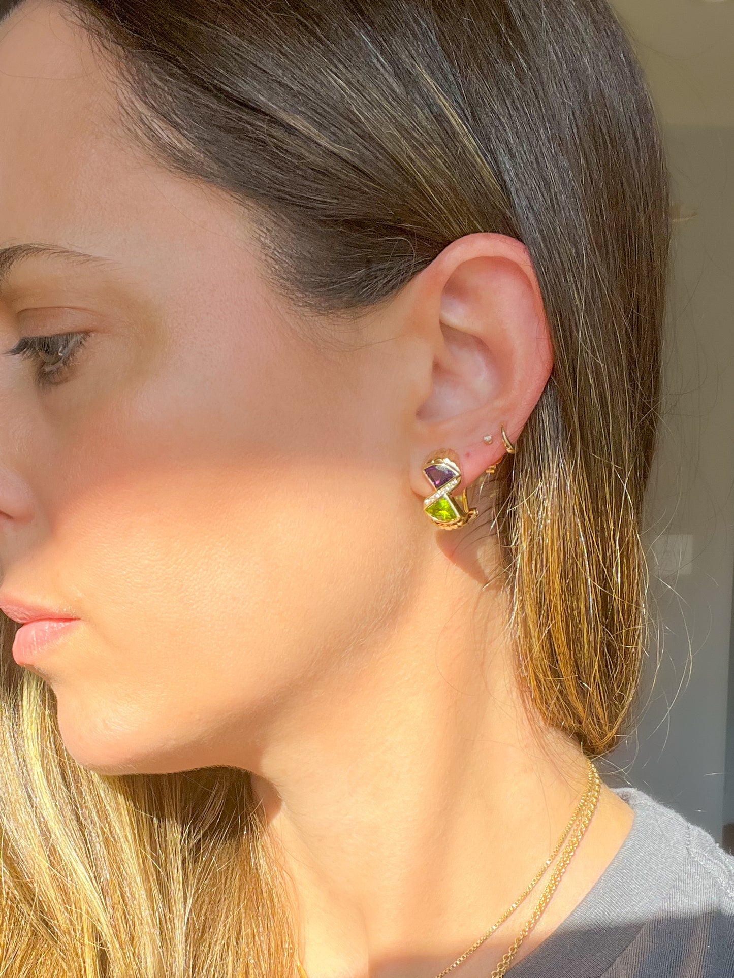 Vintage Natural Amethyst, Peridot and Diamond 14k Yellow Gold Earrings, circa 1980s