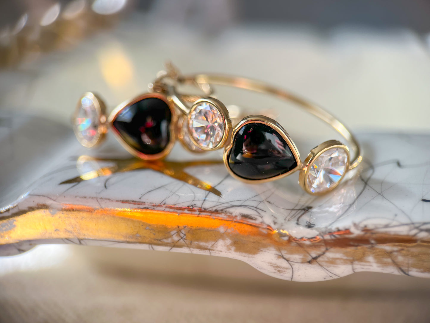 Vintage Onyx and CZ Three Stone Hoop Earrings