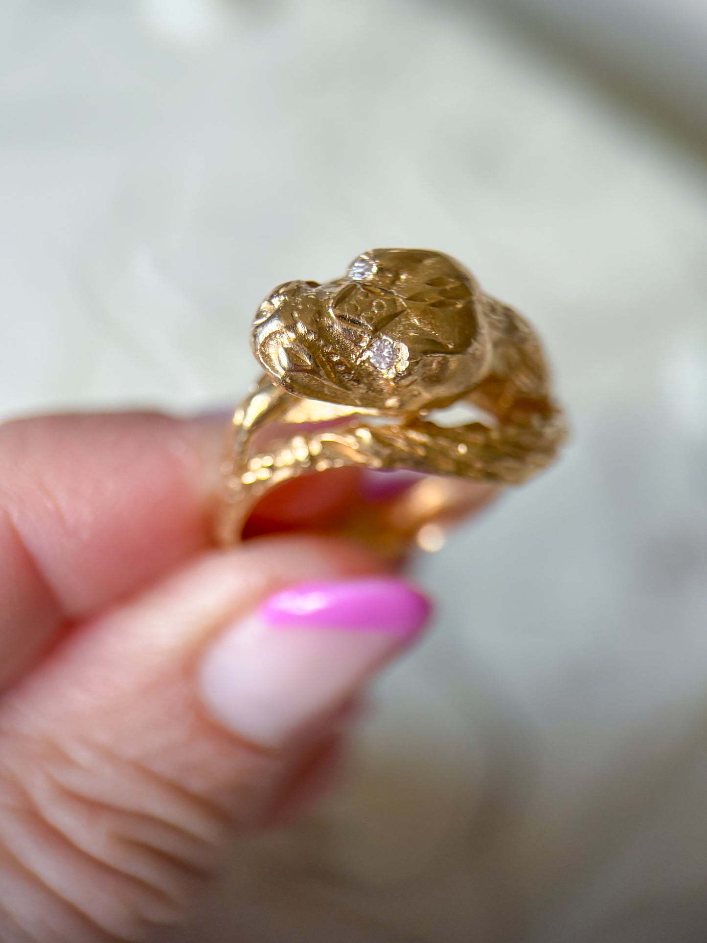Vintage Snake with Natural Diamond Eyes 14k Yellow Gold Ring