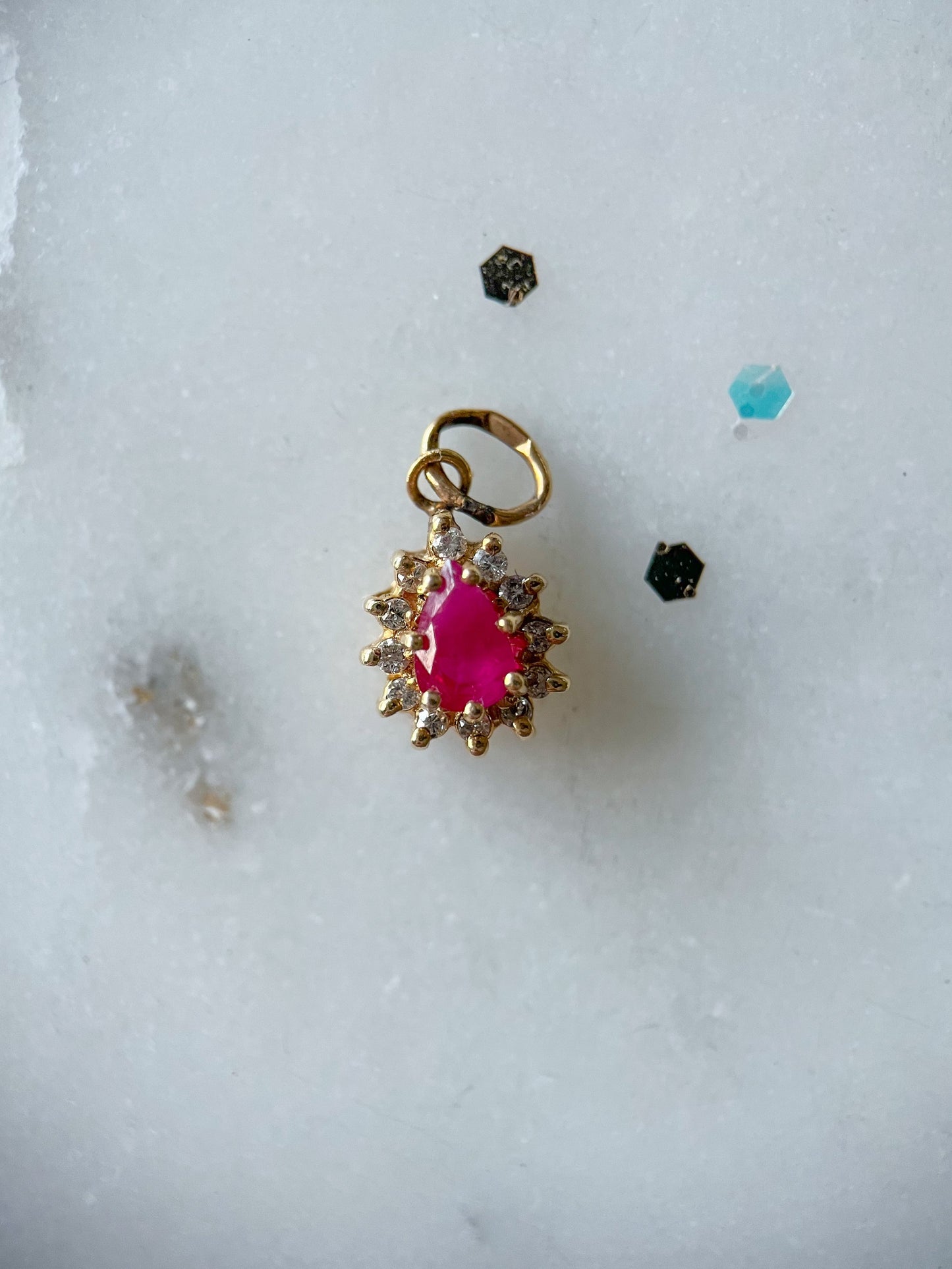 Vintage Natural Diamond and Natural Ruby Pear Shaped 14k Yellow Gold Charm