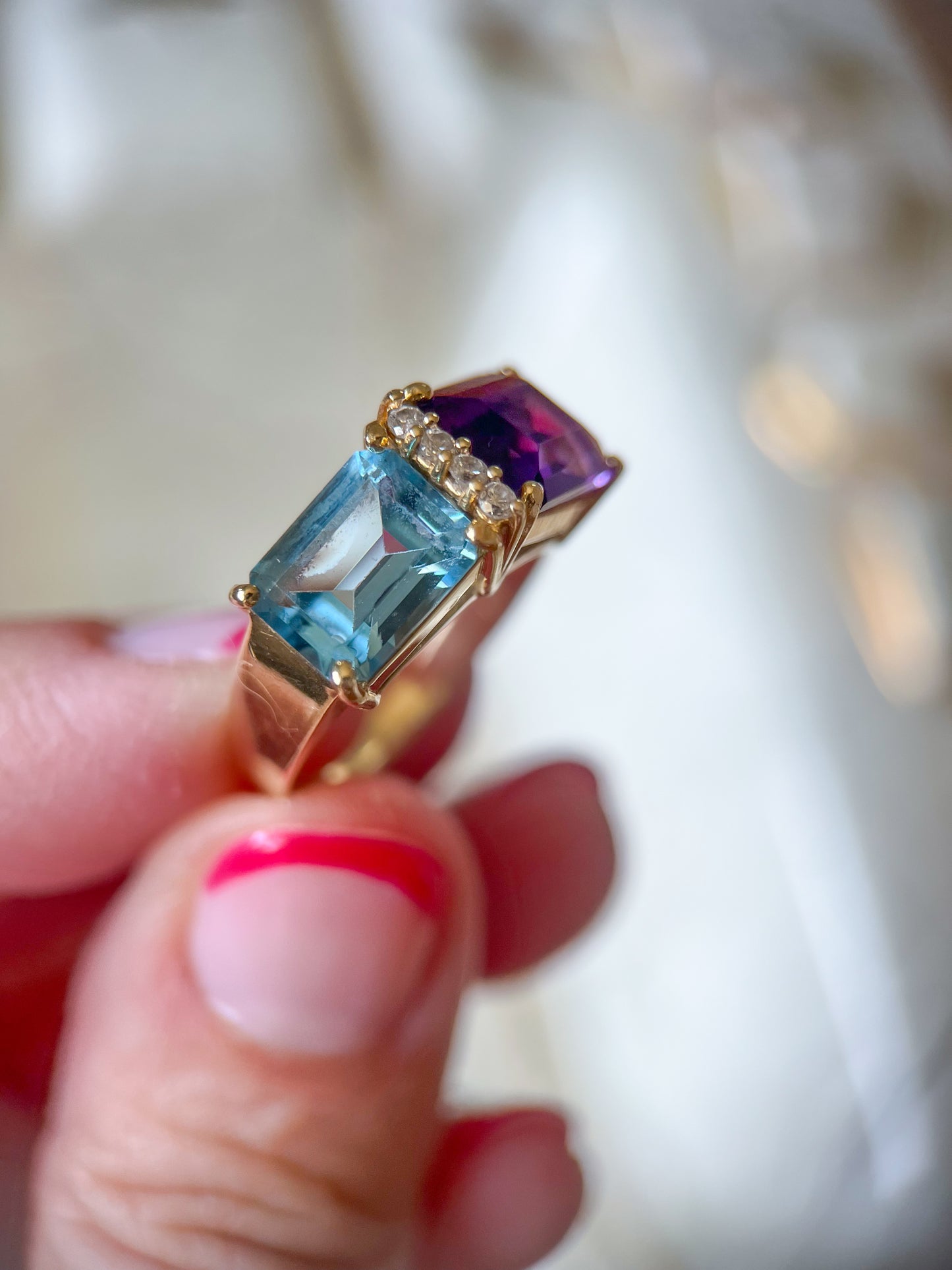 Vintage Natural Amethyst and Topaz Two Stone Ring with Natural Diamonds 14k Yellow Gold, circa 1980s