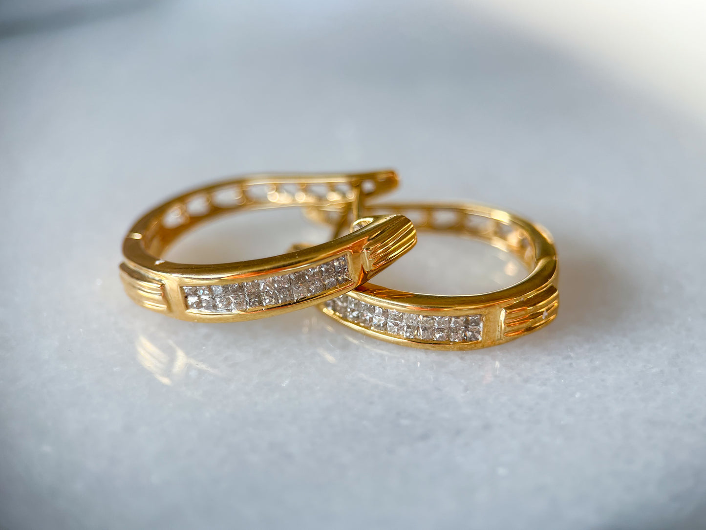 Natural Princess Cut Diamonds 14k Yellow Gold Hoop Earrings with Heart Cut Outs in Back