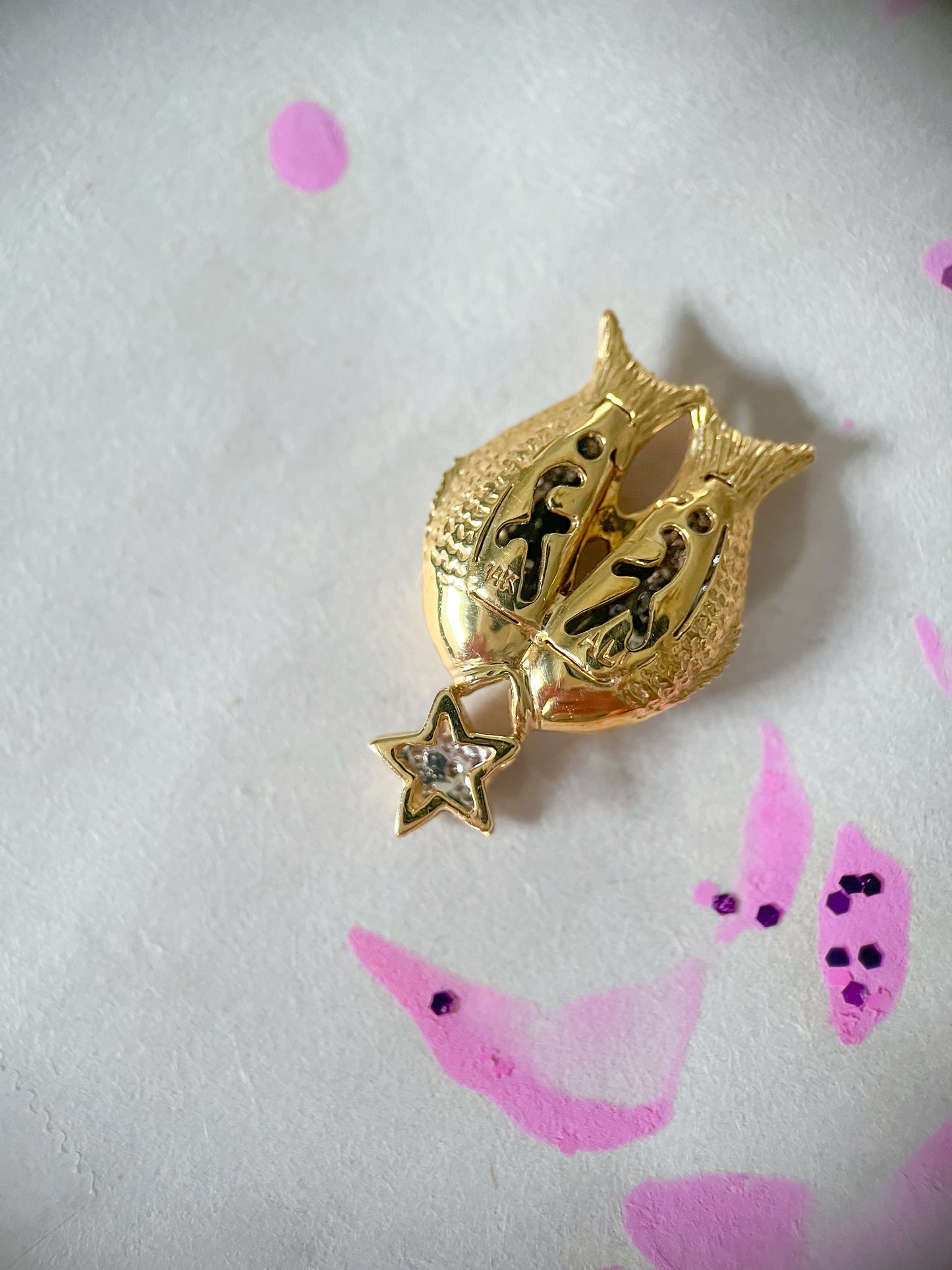 Natural Diamond Puffy Double Fish and Star 14k Yellow Gold Charm