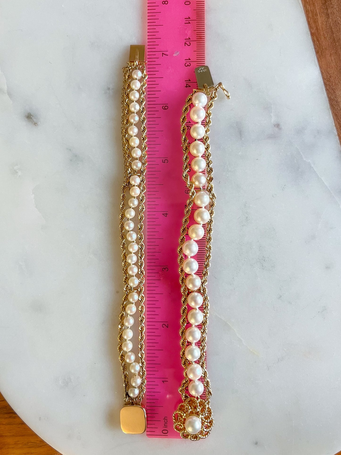 Various Vintage Pearl and Rope Chain 14k Yellow Gold Bracelets