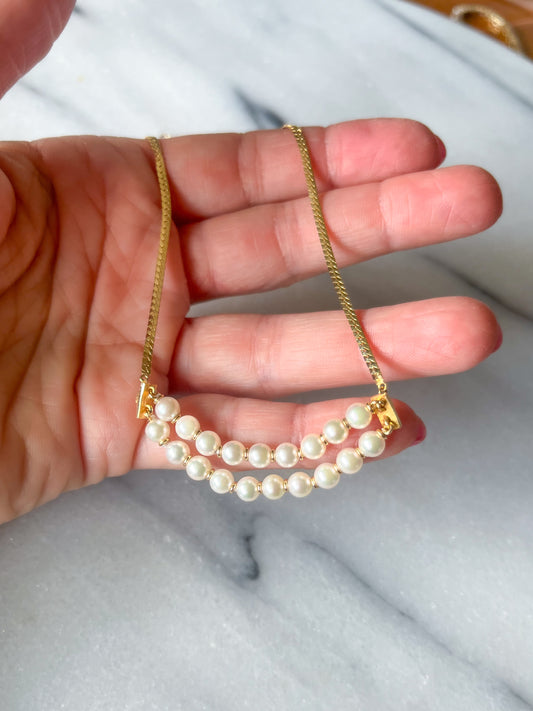 Vintage Herringbone Chain with Pearl Double Accent 14k Yellow Gold 16.5 Inch Necklace